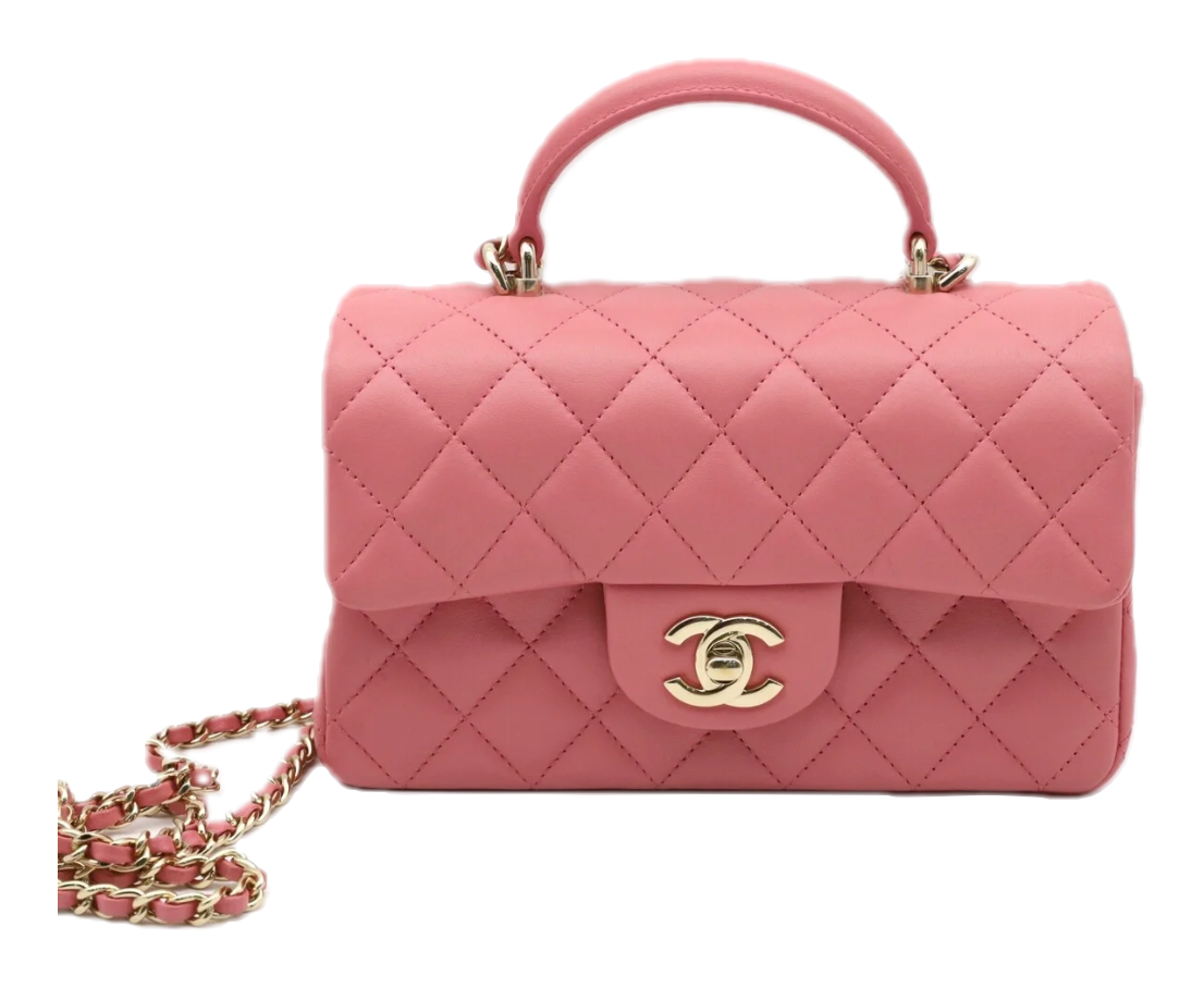 CHANEL 23P Quilted Mini Top Handle Lambskin GHW (Dark Pink）