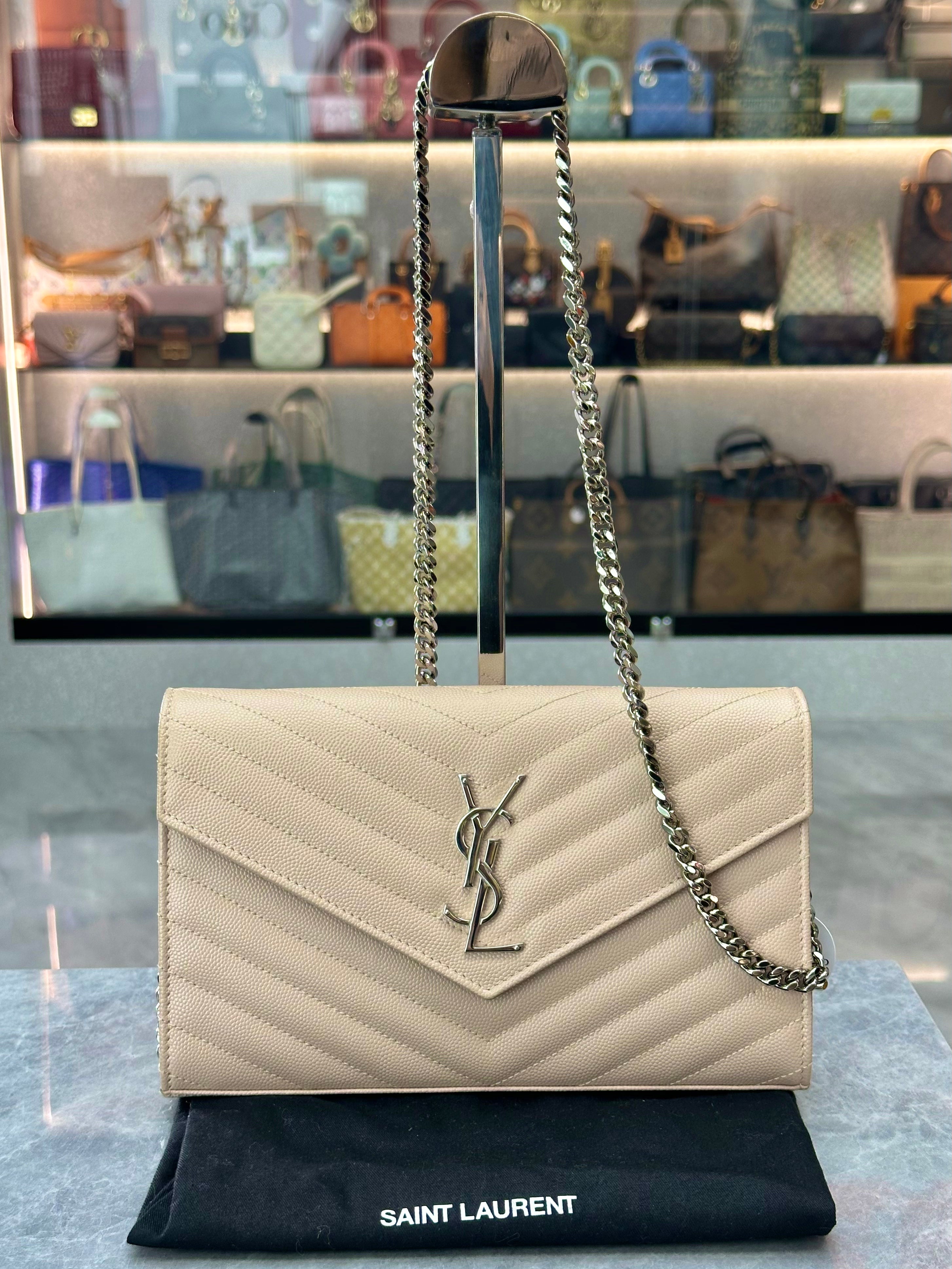 Saint Laurent Pairs YSL CASSANDRE ENVELOPE CHAIN WALLET IN GRAIN DE POUDRE LEATHER DARK BEIGE
