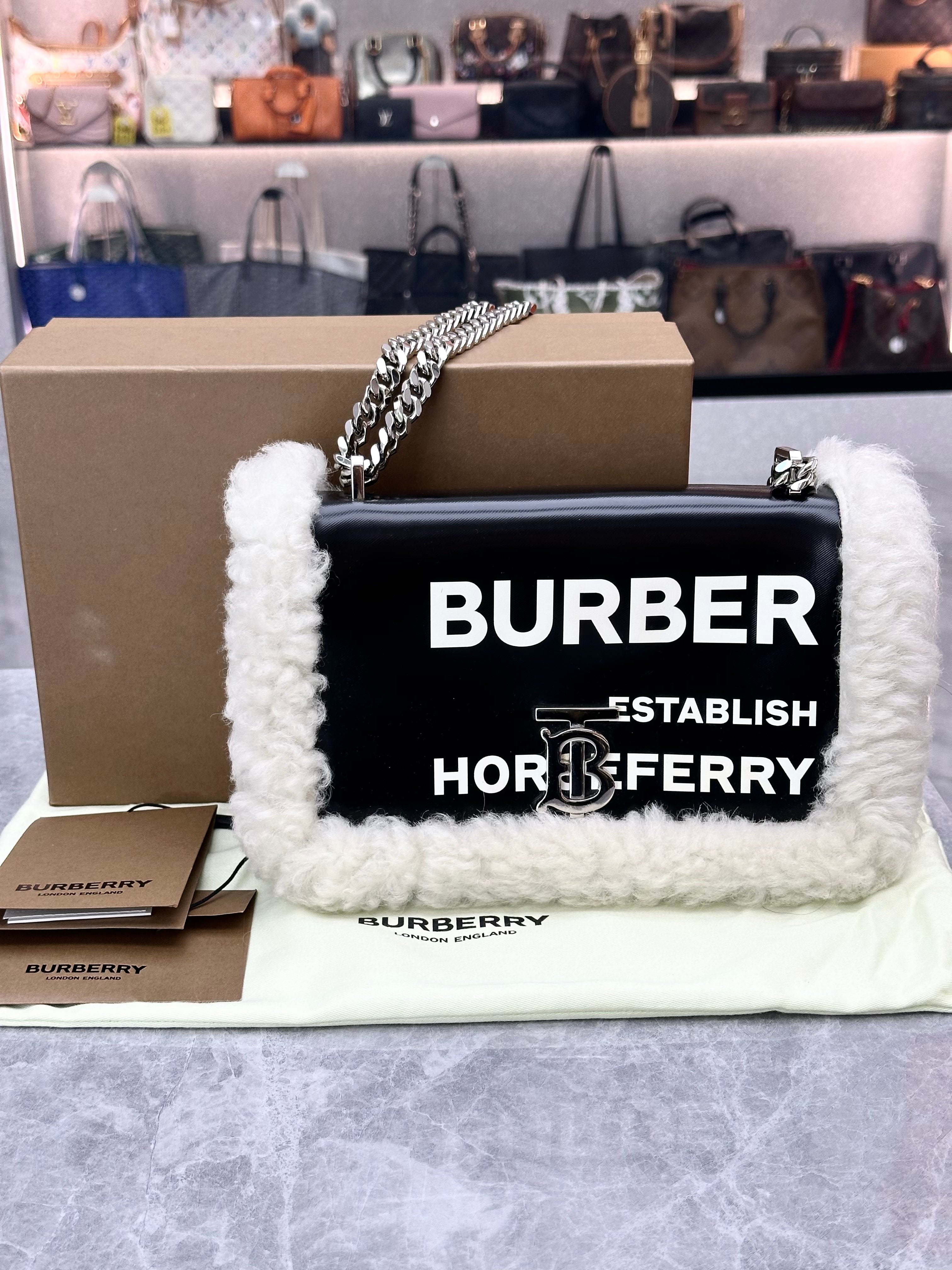 Burberry Black/White Leather and Fox Fur Small Lola Shoulder Bag
