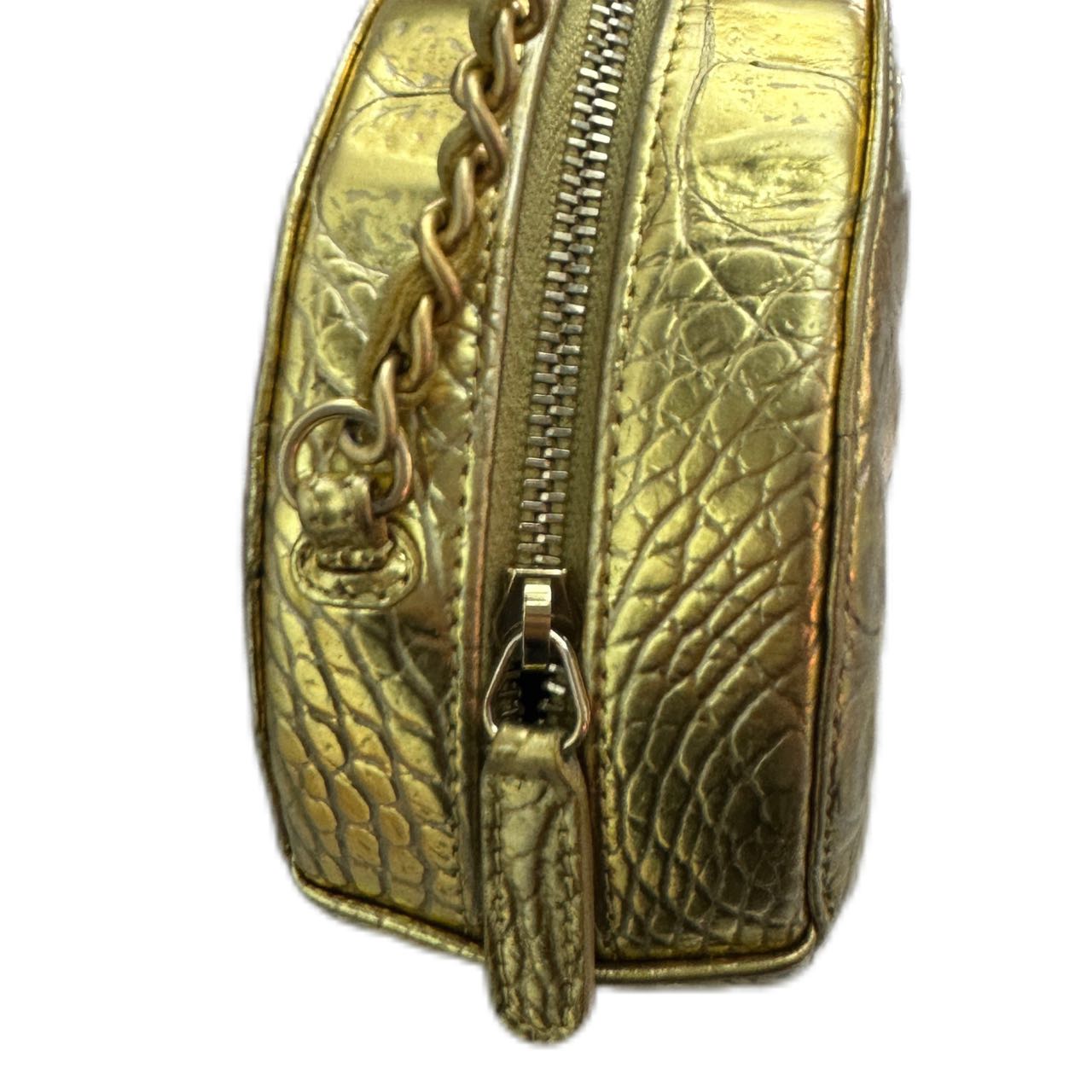 CHANEL Metallic Calfskin Crocodile Embossed Round Clutch with Chain Gold