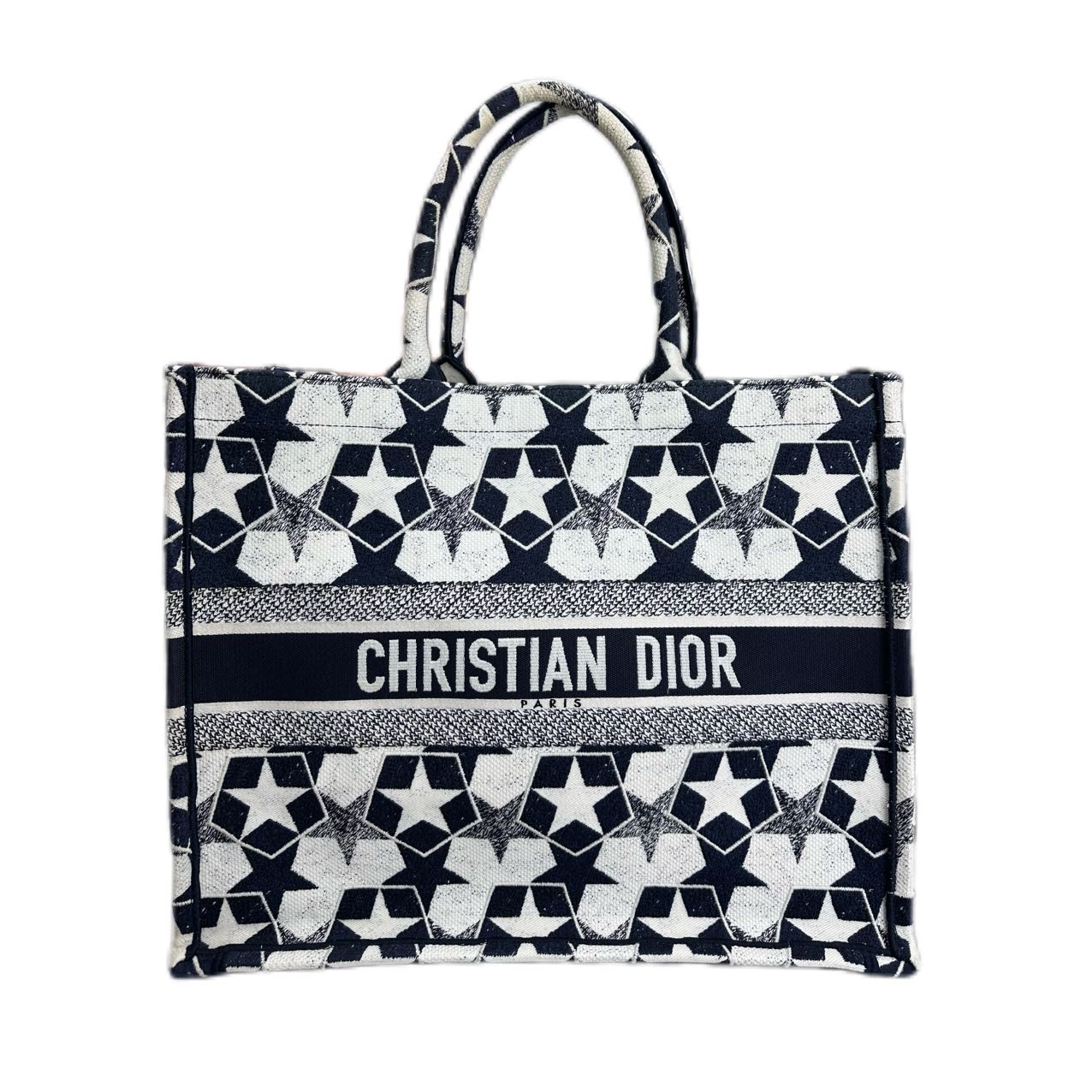 CHRISTIAN DIOR Medium Dior Book Tote (Black and White Dior Lucky Star Embroidery)