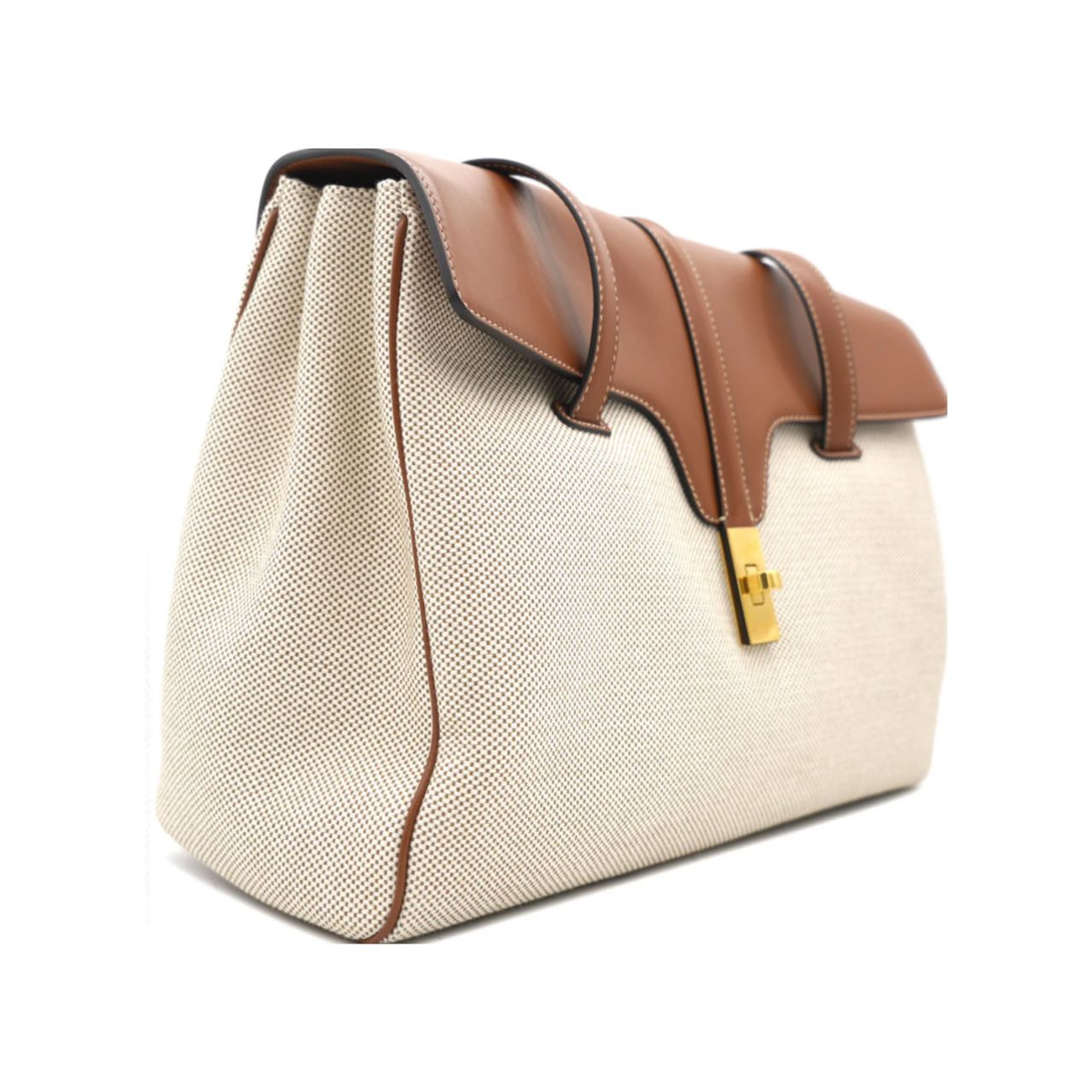 CELINE Medium Soft 16 Bag in Textile and Calfskin (Beige/Brown)