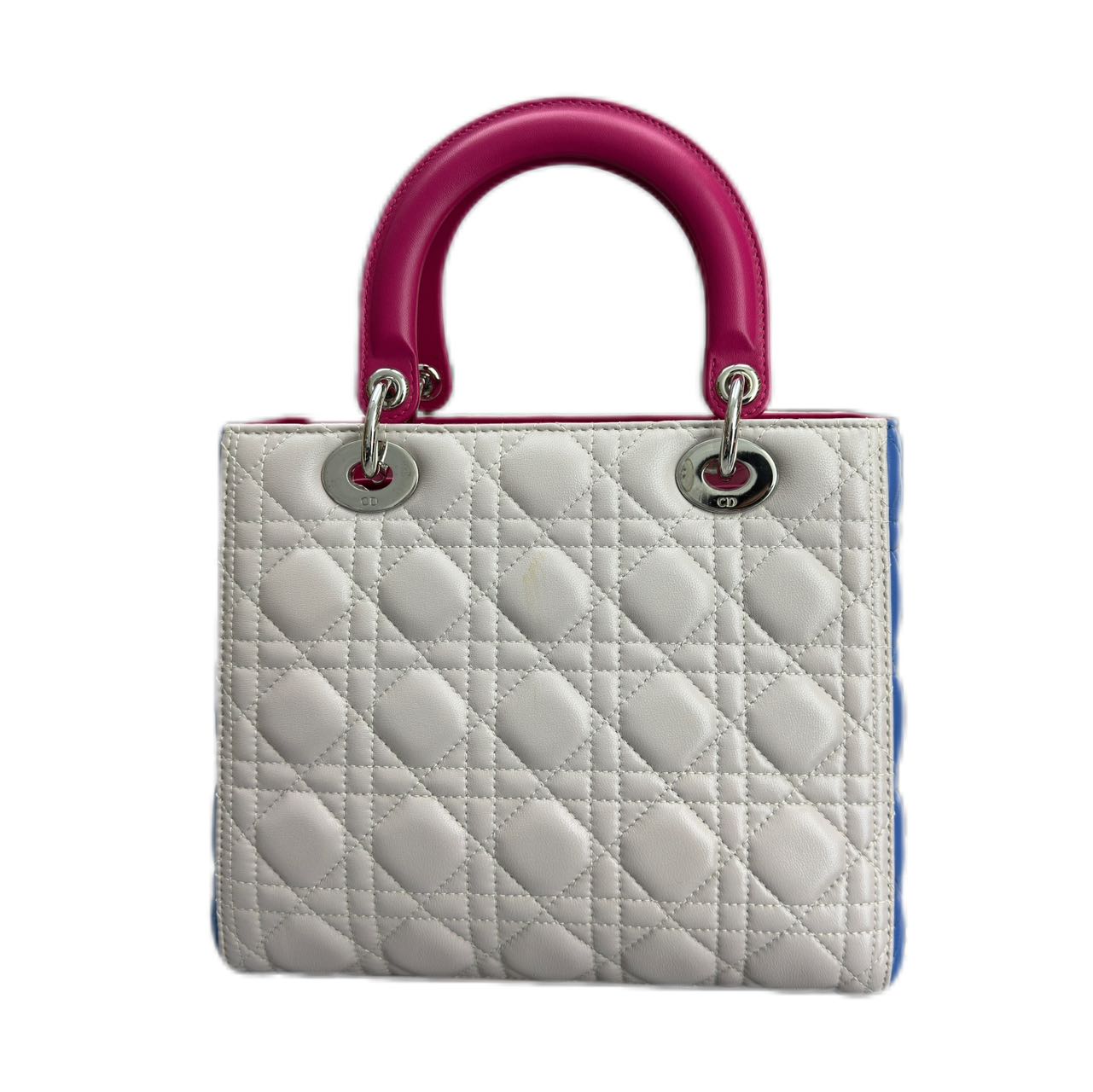 CHRISTIAN DIOR Medium Tri-Color Cannage Lambskin  Lady Dior Silver Hardware (White/ Rendezvous/ Midnight Blue)