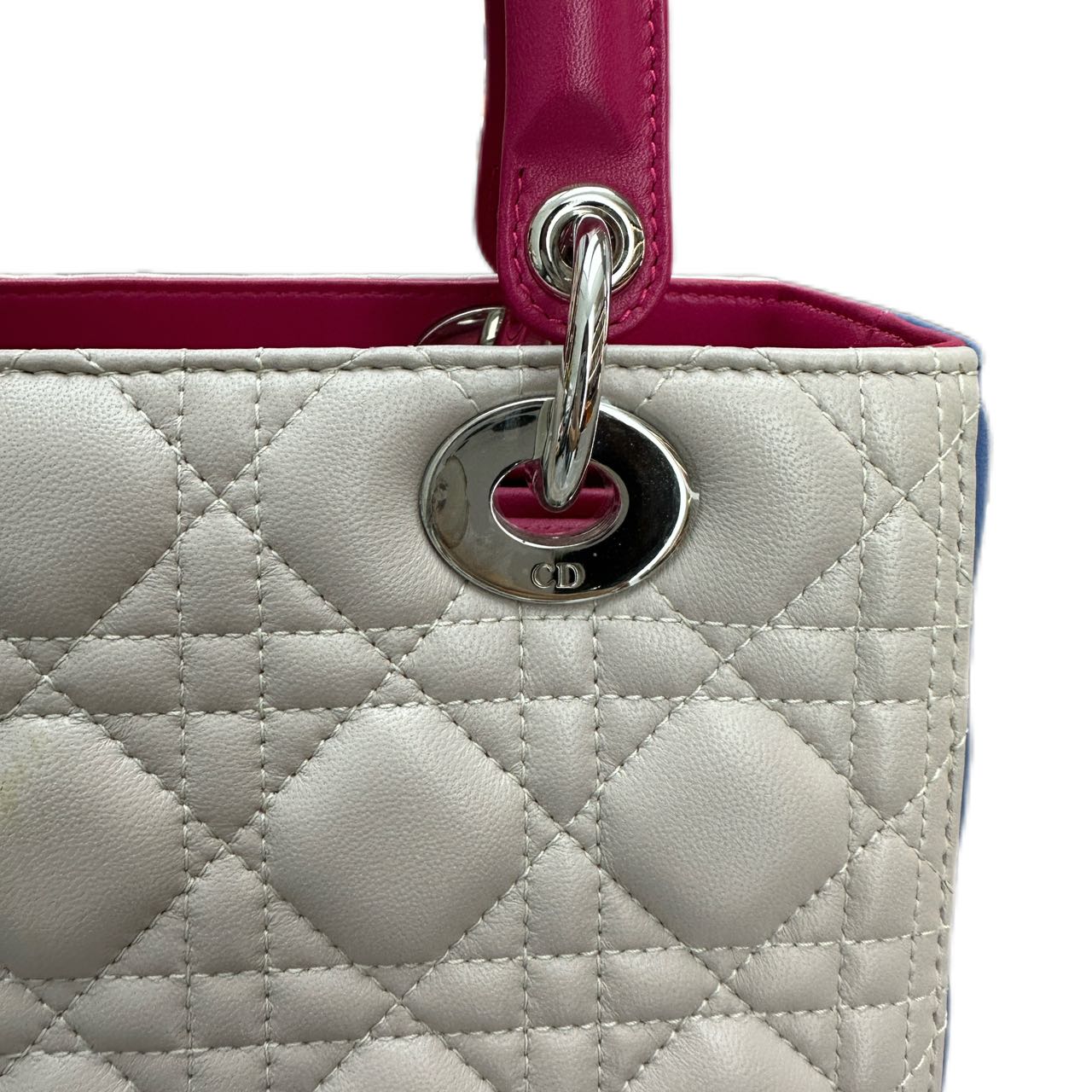 CHRISTIAN DIOR Medium Tri-Color Cannage Lambskin  Lady Dior Silver Hardware (White/ Rendezvous/ Midnight Blue)