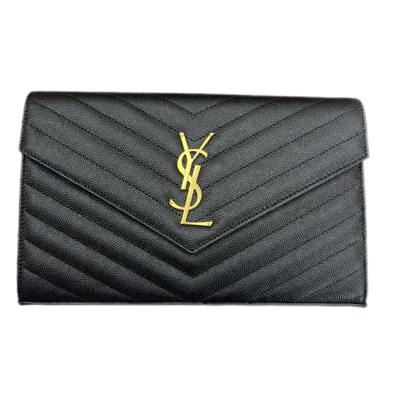 YSL Monogram Leather Chevron Wallet-on-Chain (Black)