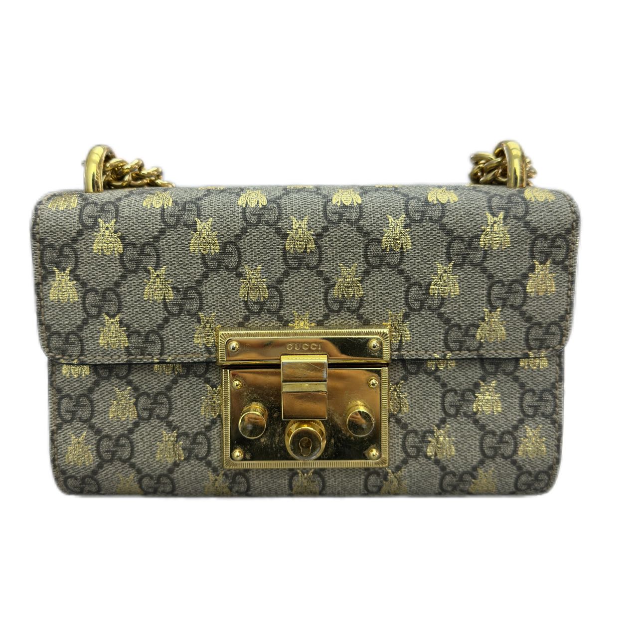 GUCCI GG Supreme Monogram Bees Small Padlock Shoulder Bag (Oro/Black)