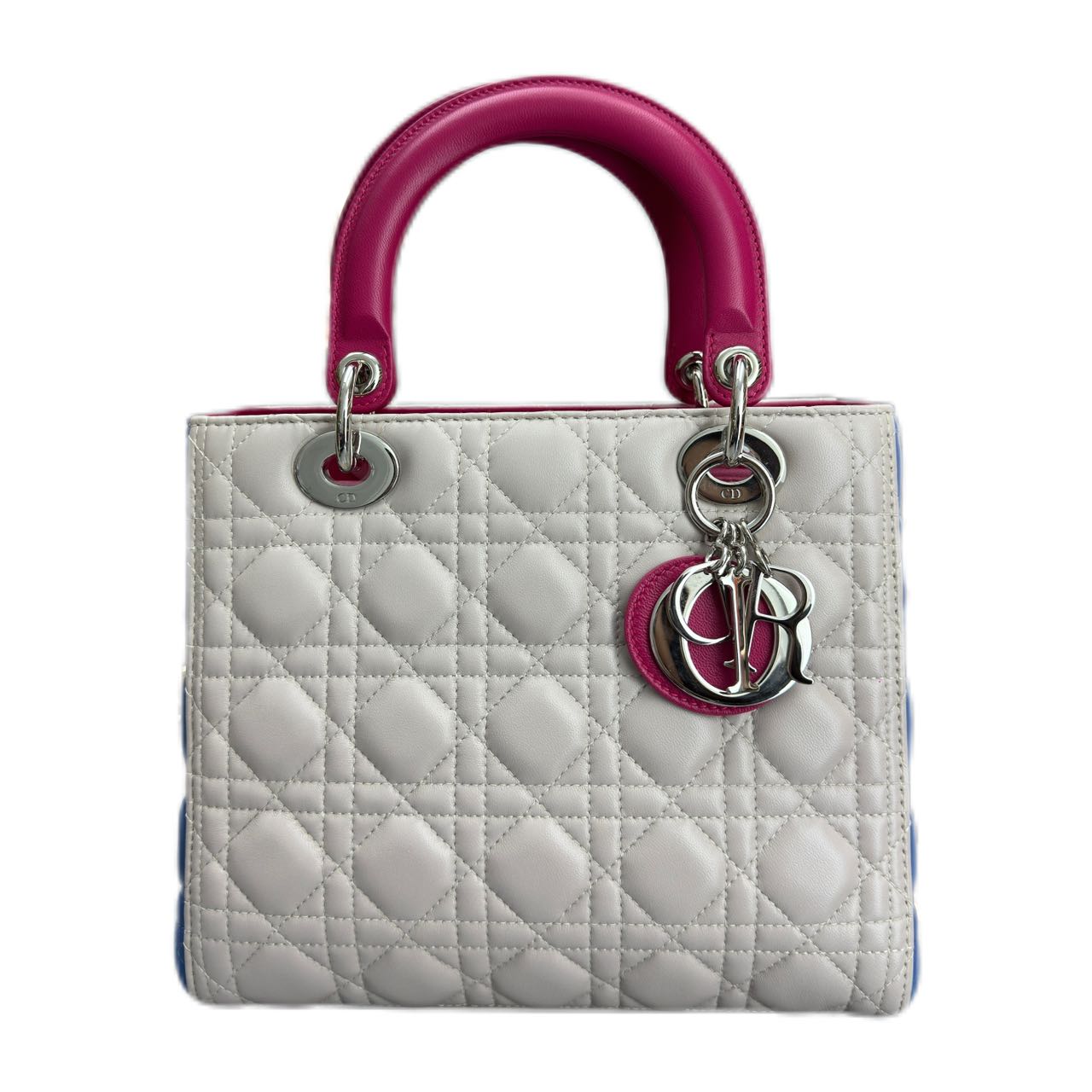 CHRISTIAN DIOR Medium Tri-Color Cannage Lambskin  Lady Dior Silver Hardware (White/ Rendezvous/ Midnight Blue)