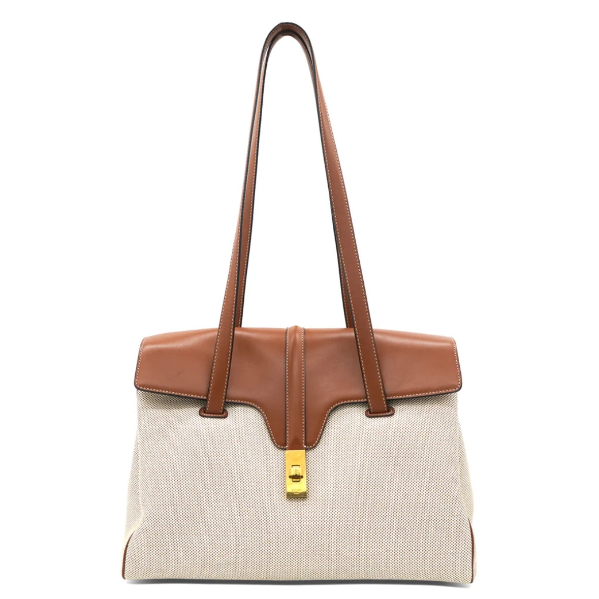 CELINE Medium Soft 16 Bag in Textile and Calfskin (Beige/Brown)