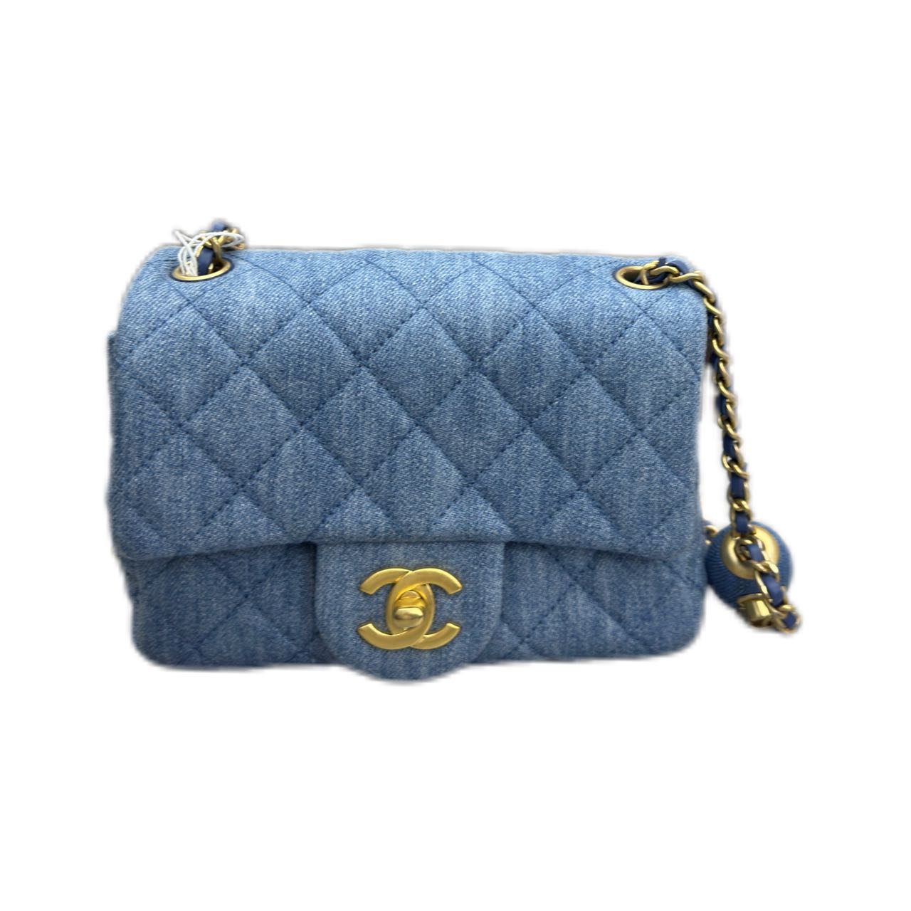 CHANEL 22C Pearl Crush Mini Square Flap Bag in Denim GHW （Denim Blue）