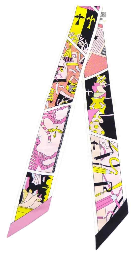 HERMÈS Factory Silk Twilly Designed by Baptiste Virot (Pink/Yellow/Noir)