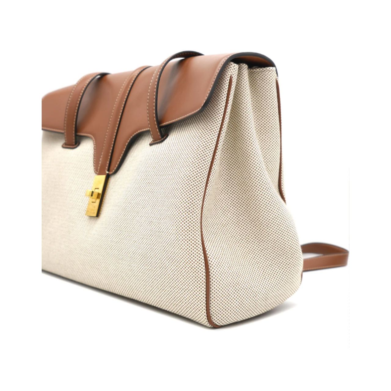 CELINE Medium Soft 16 Bag in Textile and Calfskin (Beige/Brown)