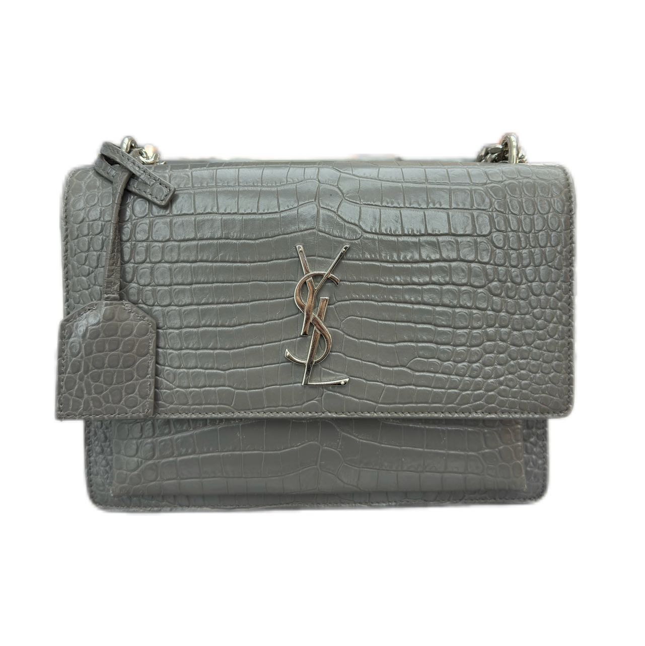 YSL Sunset Medium In Crocodile-Embossed Leather (Grey)