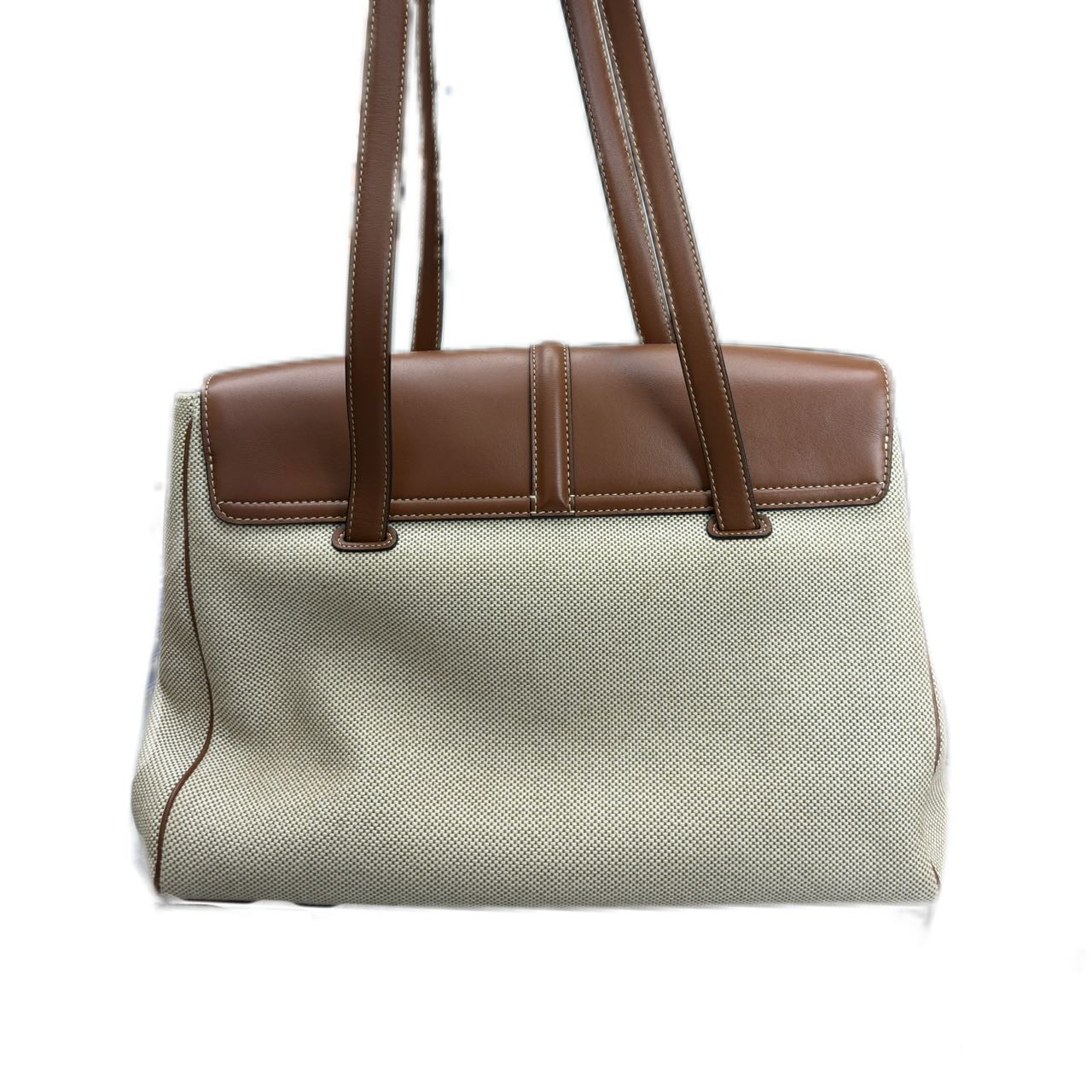 CELINE Medium Soft 16 Bag in Textile and Calfskin (Beige/Brown)