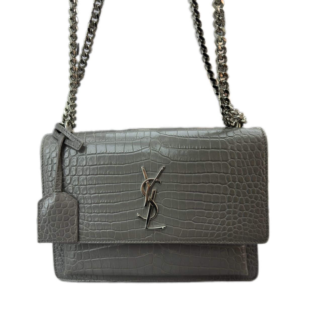 YSL Sunset Medium In Crocodile-Embossed Leather (Grey)