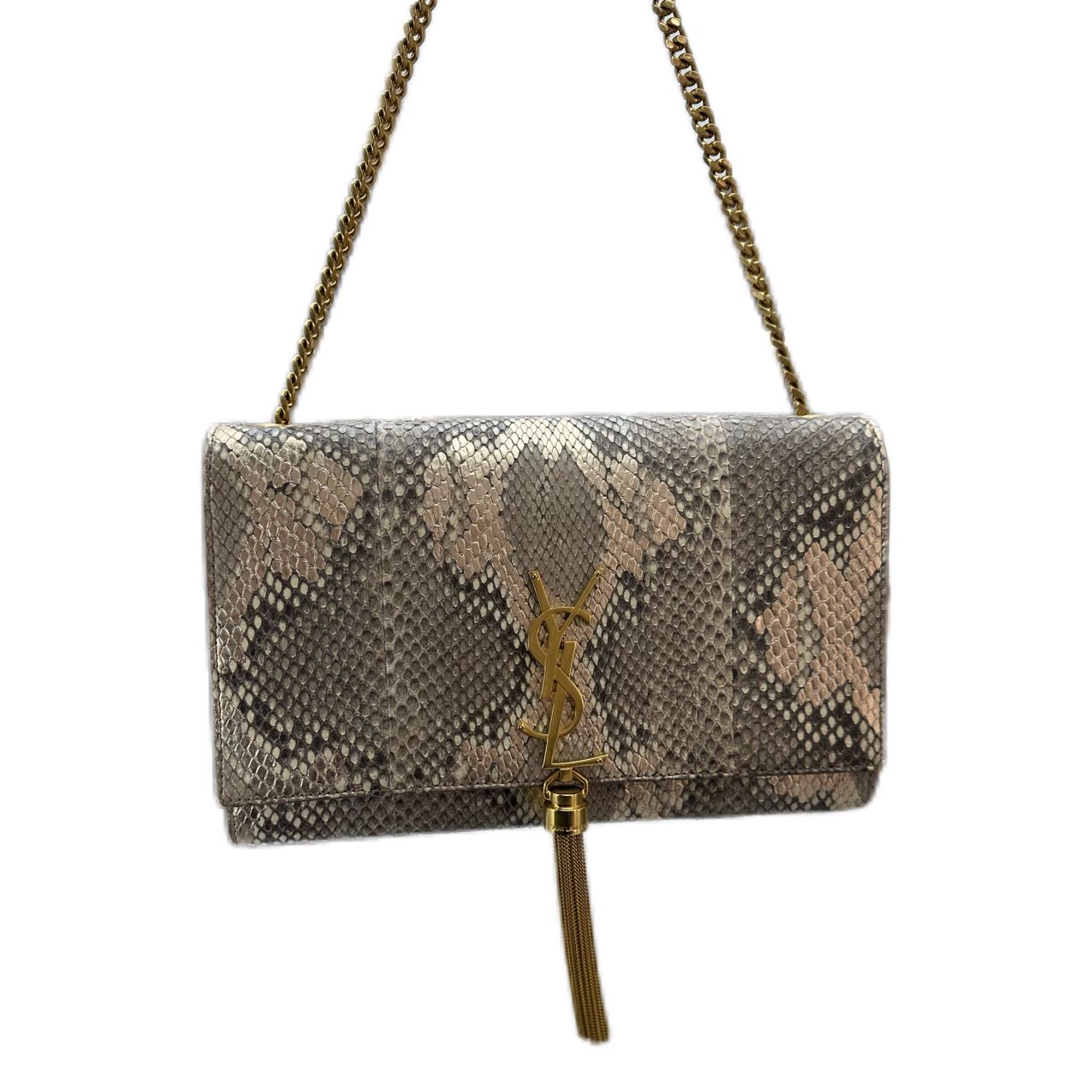 YSL Saint Laurent Metallic Gold Python Medium Kate Tassel Shoulder Bag (Silver)