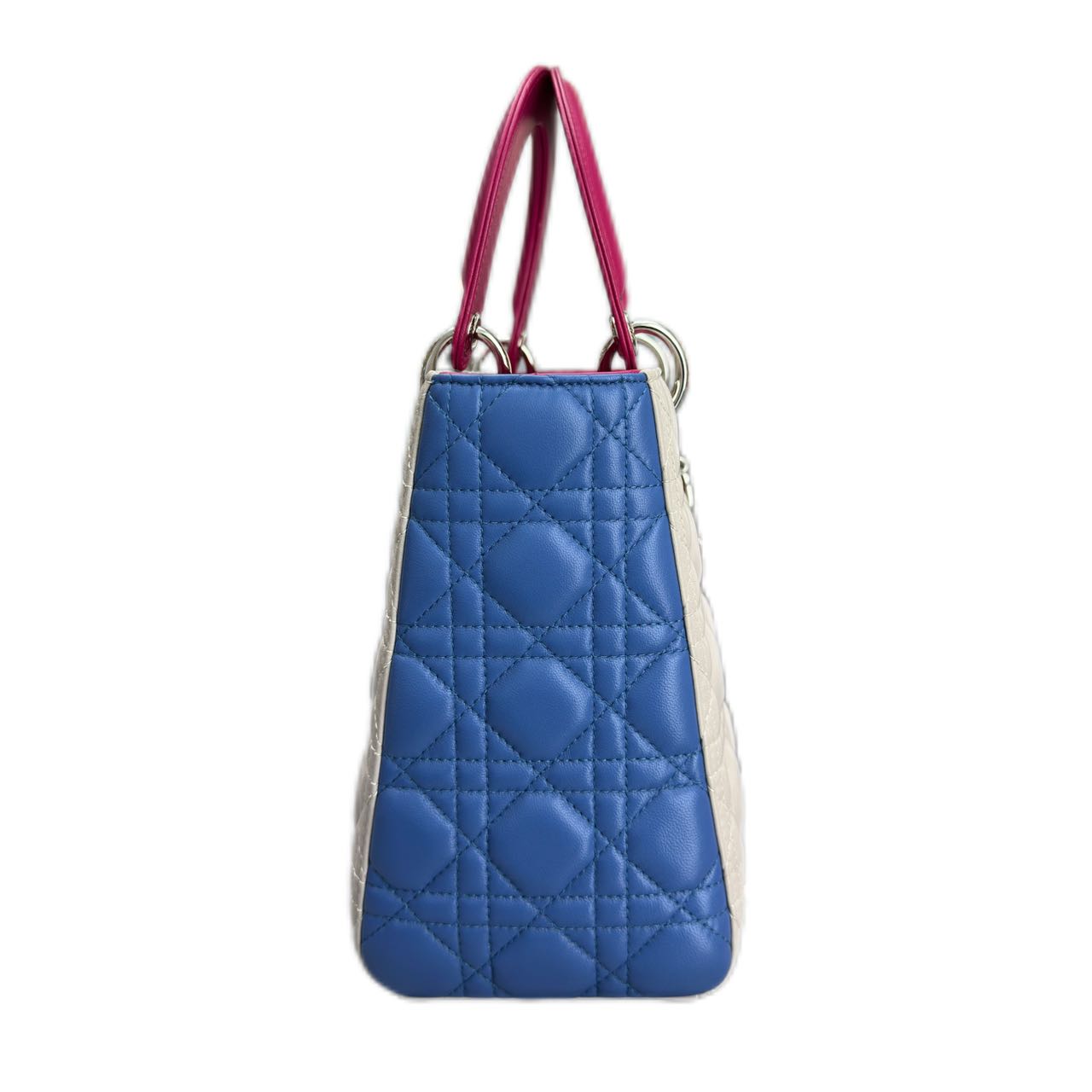 CHRISTIAN DIOR Medium Tri-Color Cannage Lambskin  Lady Dior Silver Hardware (White/ Rendezvous/ Midnight Blue)