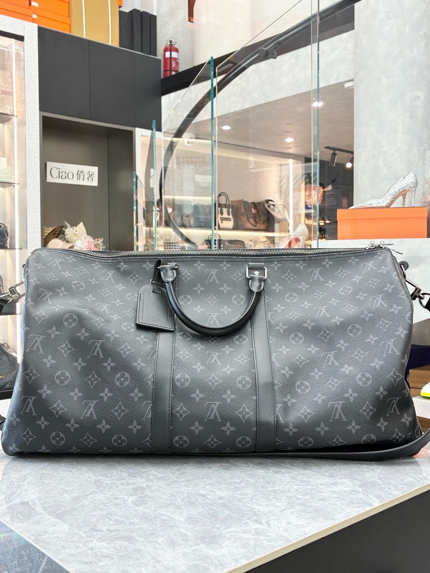 LOUIS VUITTON Keepall 55 – Monogram Eclipse Canvas, Black Cowhide, Matte Black Hardware, 55 cm, Excellent Pre-Owned
