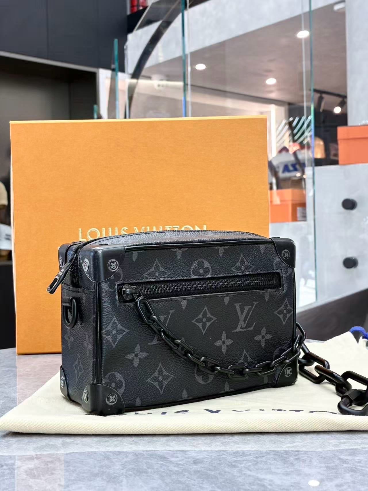 LOUIS VUITTON Soft Trunk – Monogram Eclipse Coated Canvas, Black Cowhide, Matte Black Hardware, 18.5 x 13 x 8 cm, Brand New