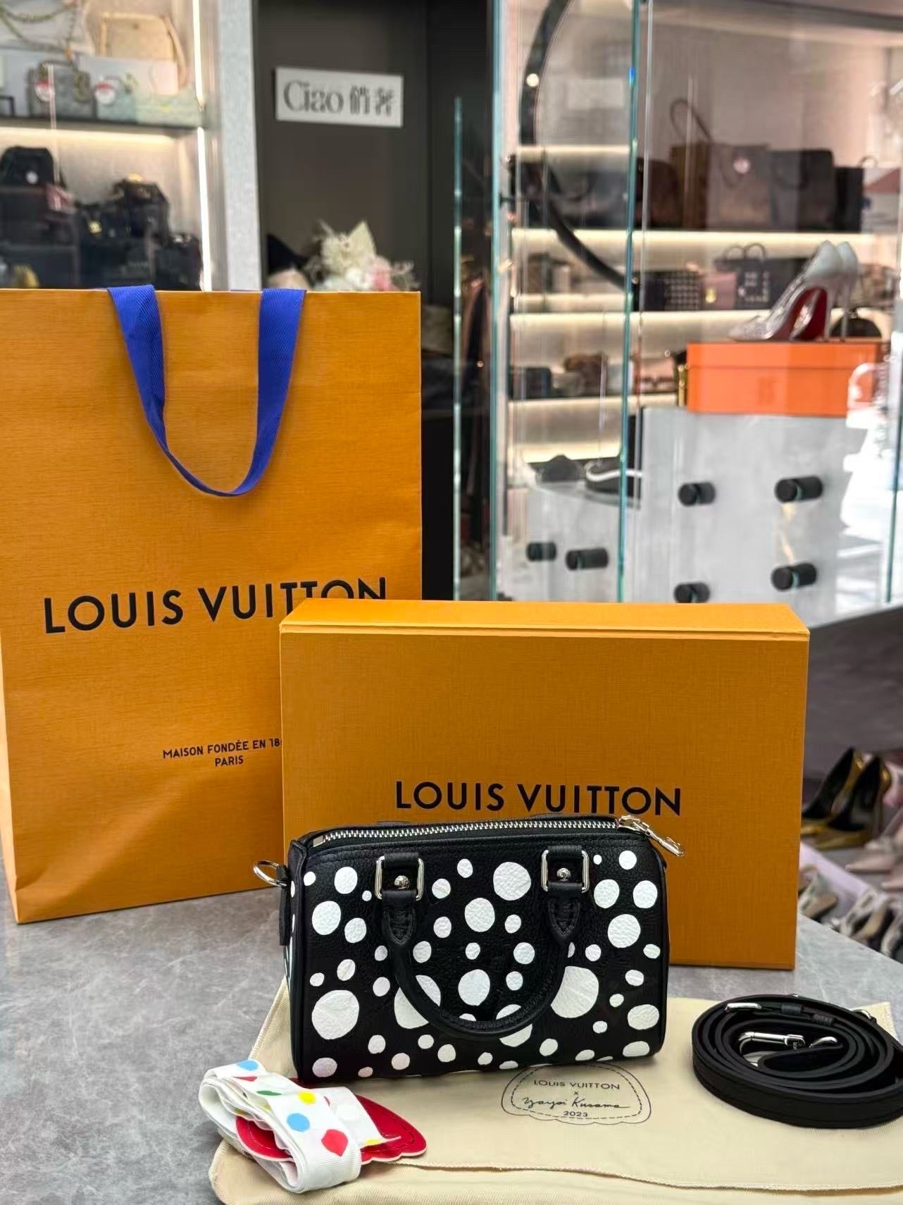 LOUIS VUITTON Speedy Nano – Yayoi Kusama Black Calfskin with White Dots, Silver Hardware, Brand New