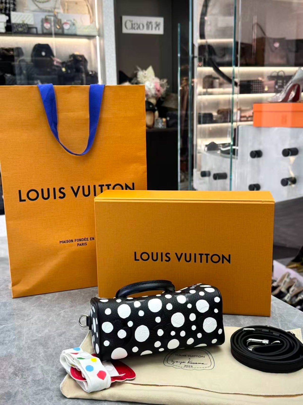 LOUIS VUITTON Speedy Nano – Yayoi Kusama Black Calfskin with White Dots, Silver Hardware, Brand New
