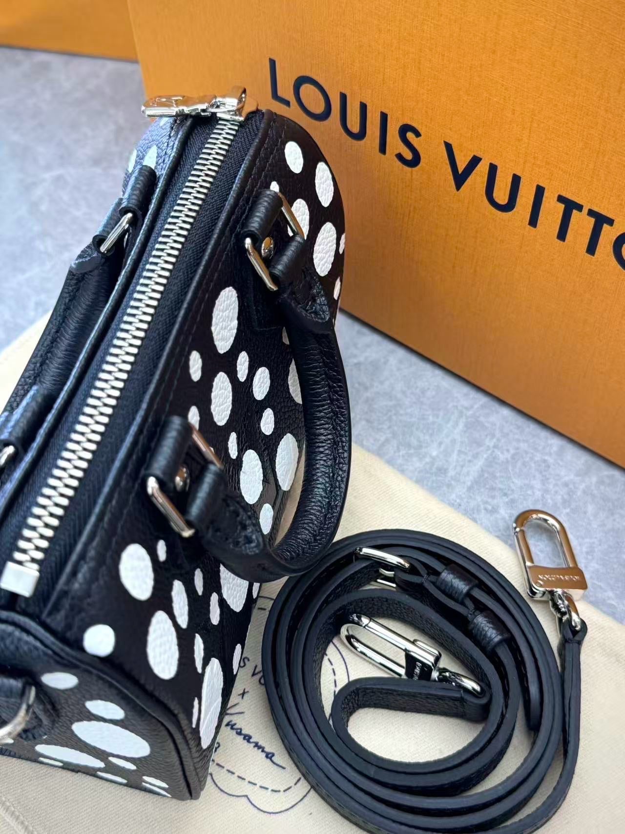 LOUIS VUITTON Speedy Nano – Yayoi Kusama Black Calfskin with White Dots, Silver Hardware, Brand New