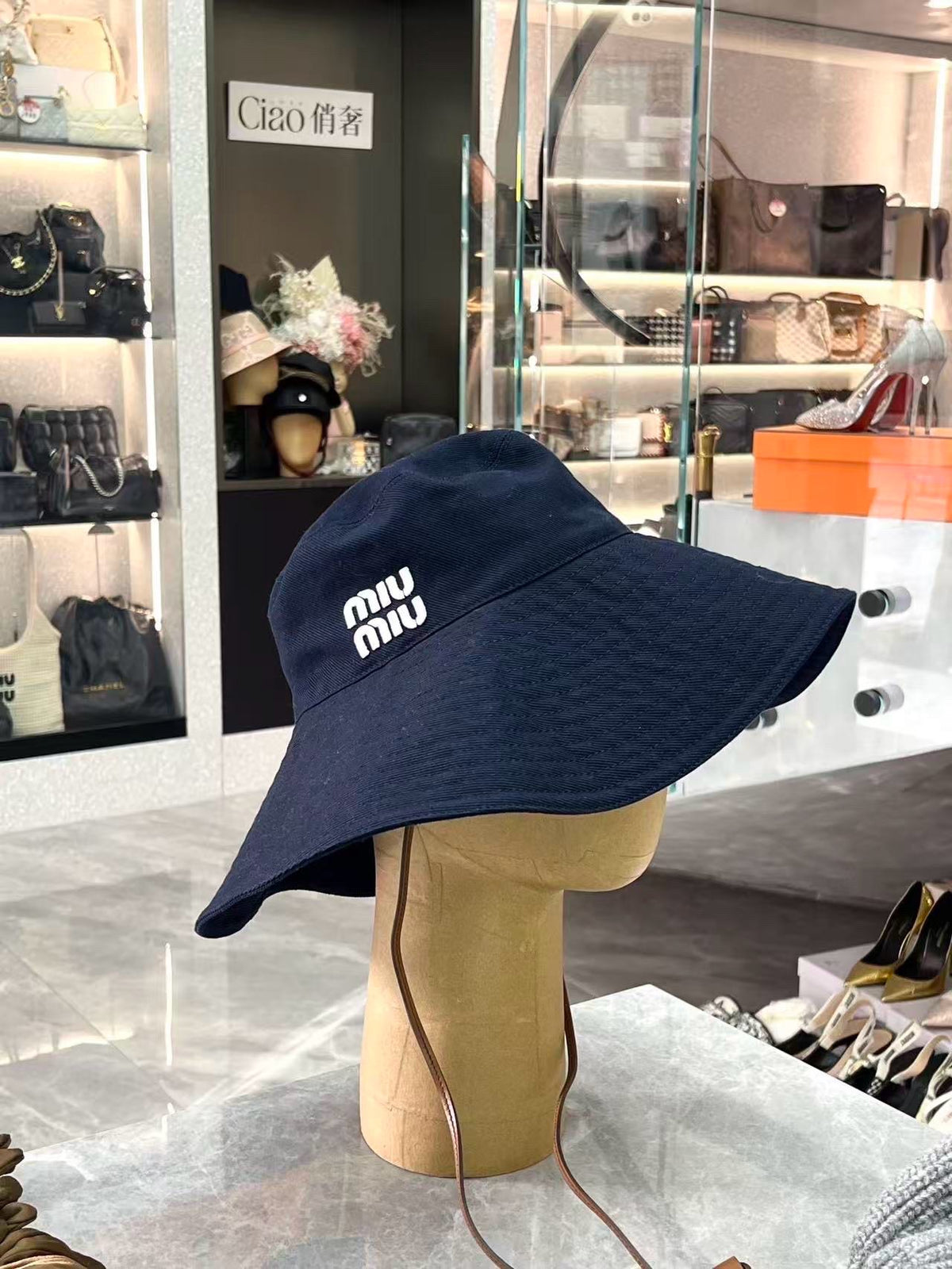 MIU MIU Wide-Brim Bucket Hat – Navy Blue Cotton Canvas, White Logo, Size S, Brand New