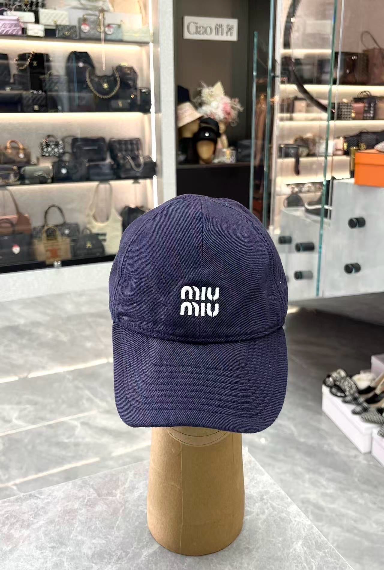 MIU MIU Logo Baseball Cap – Navy Blue, White Logo, Red Drawstring, Size L, Brand New