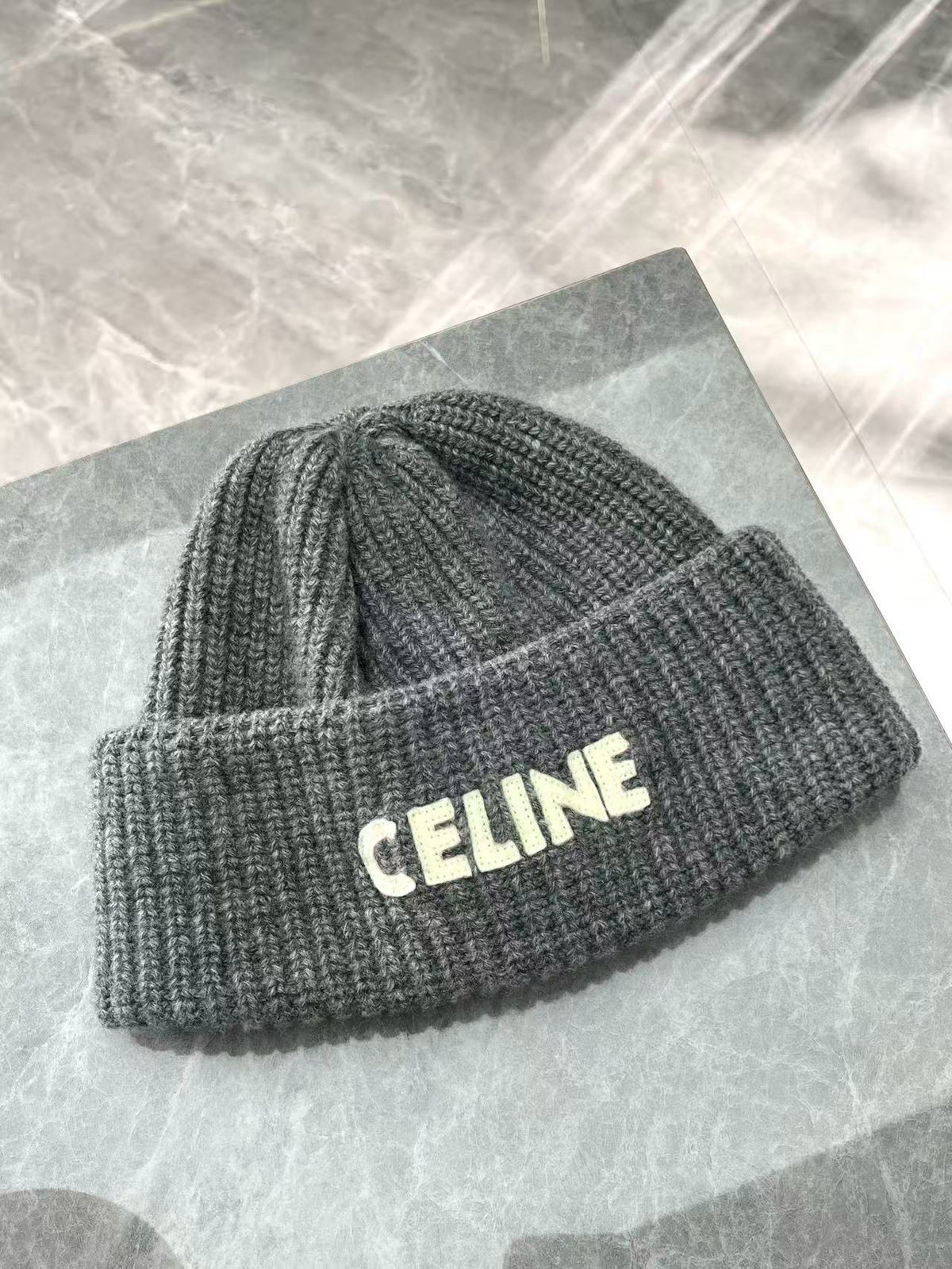 CELINE Knit Beanie – Grey Wool Knit, White Logo, One Size, Good Pre-Owned