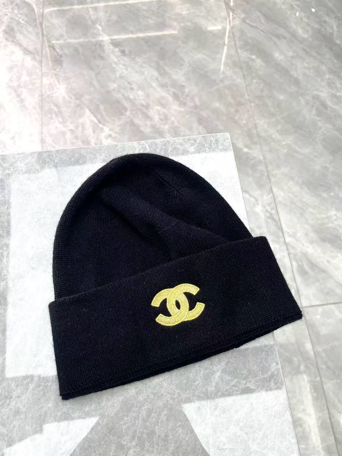 CHANEL 22A Knit Beanie – Black Wool Knit, Gold CC Logo, Brand New