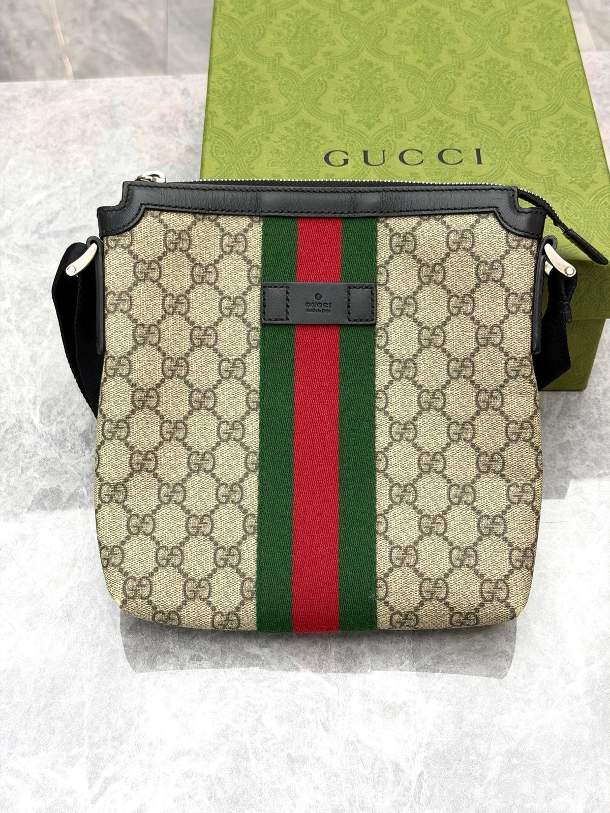 GUCCI GG Messenger Bag – GG Canvas with Black Leather Trim, Vertical Web Stripe, Good Pre-Owned