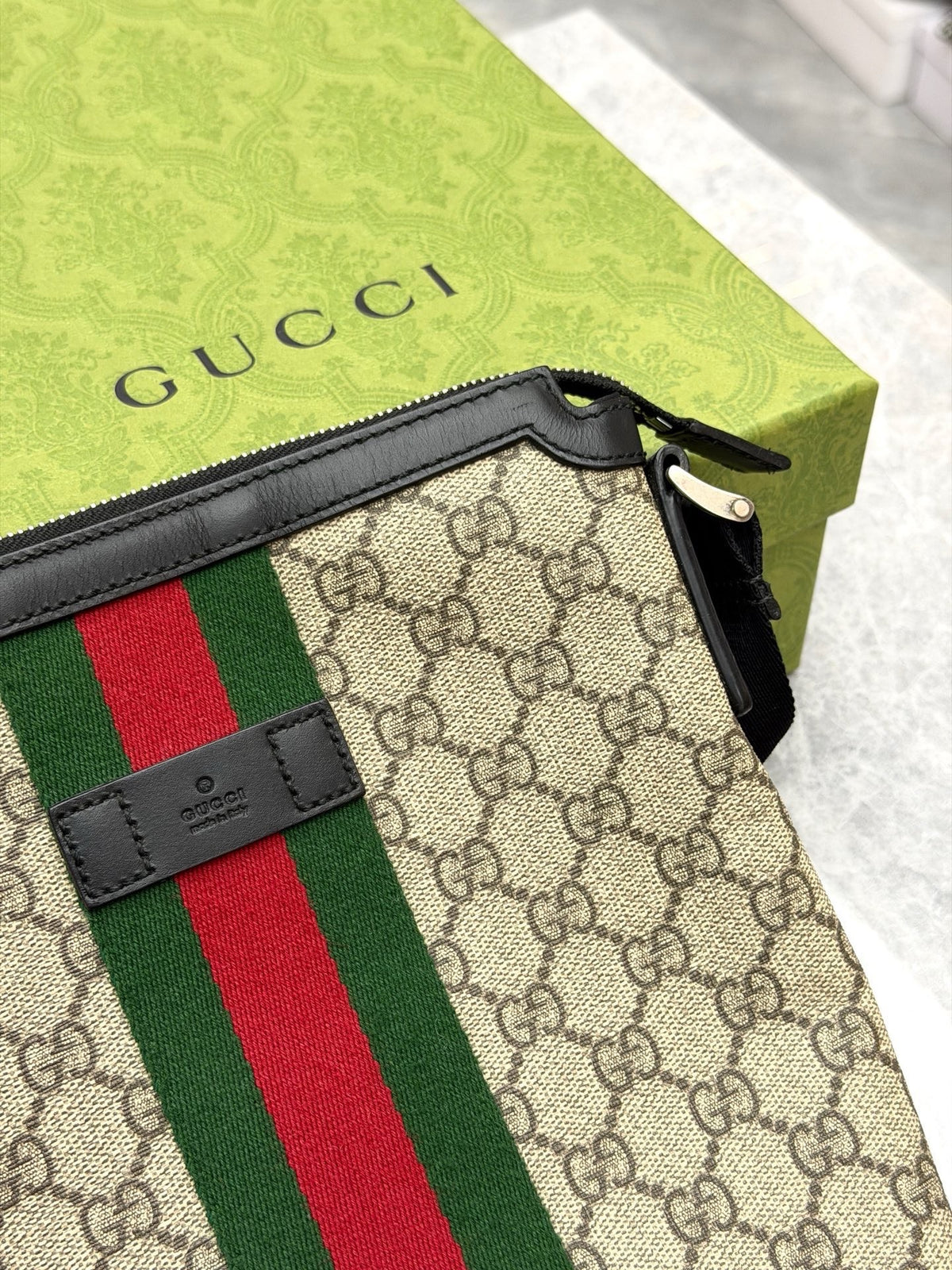 GUCCI GG Messenger Bag – GG Canvas with Black Leather Trim, Vertical Web Stripe, Good Pre-Owned