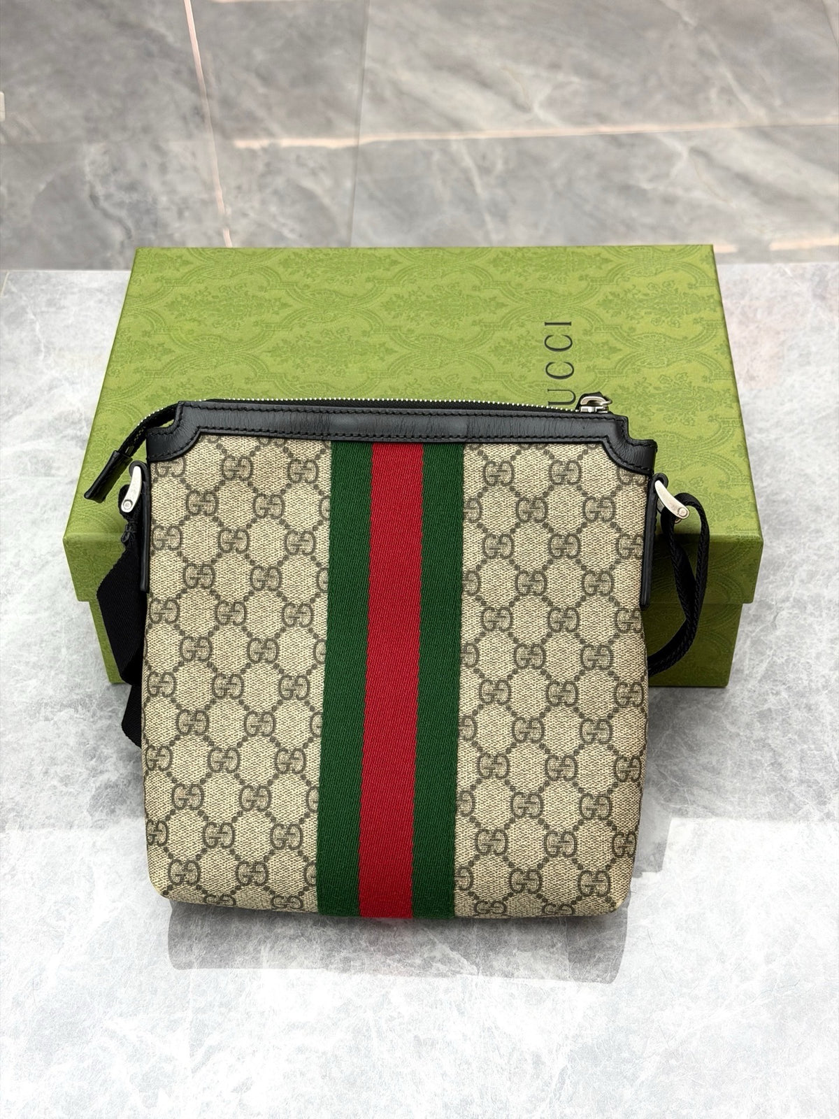 GUCCI GG Messenger Bag – GG Canvas with Black Leather Trim, Vertical Web Stripe, Good Pre-Owned
