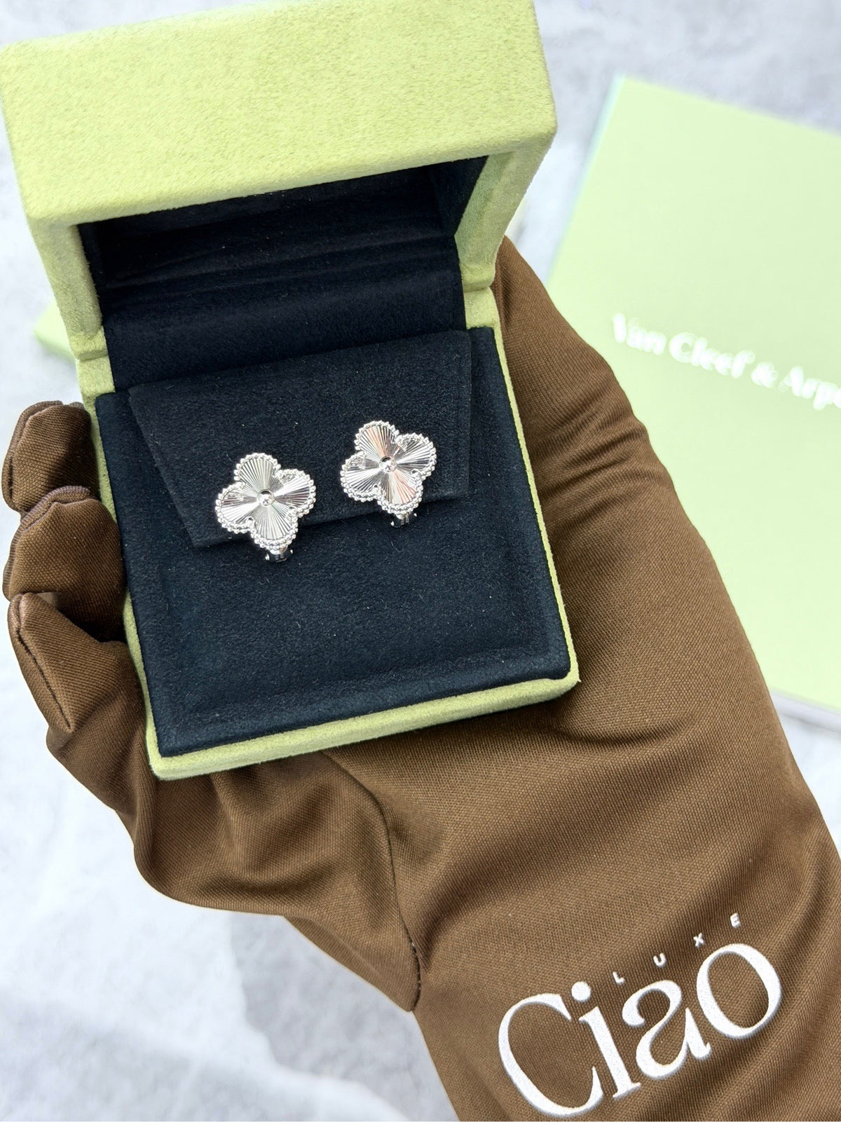 VAN CLEEF & ARPELS Vintage Alhambra Earrings – 18K White Gold Guilloché, 2023 Certificate, Excellent Pre-Owned
