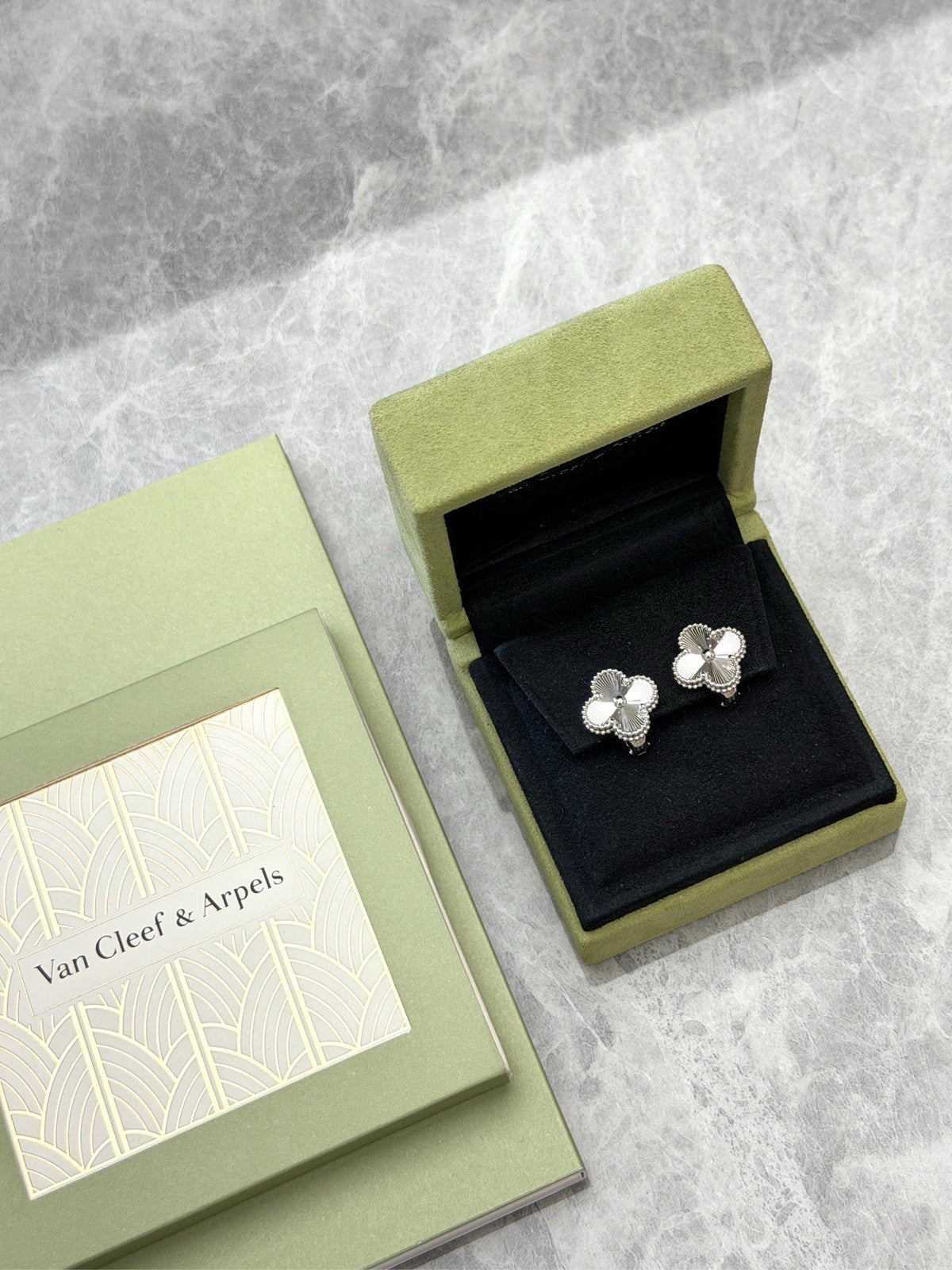 VAN CLEEF & ARPELS Vintage Alhambra Earrings – 18K White Gold Guilloché, 2023 Certificate, Excellent Pre-Owned