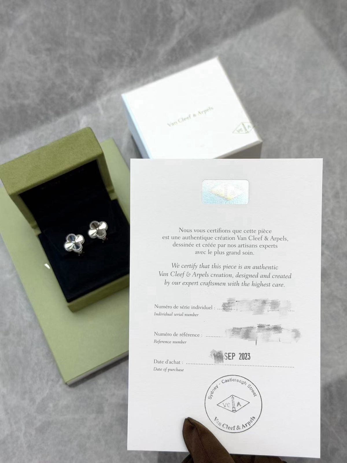 VAN CLEEF & ARPELS Vintage Alhambra Earrings – 18K White Gold Guilloché, 2023 Certificate, Excellent Pre-Owned