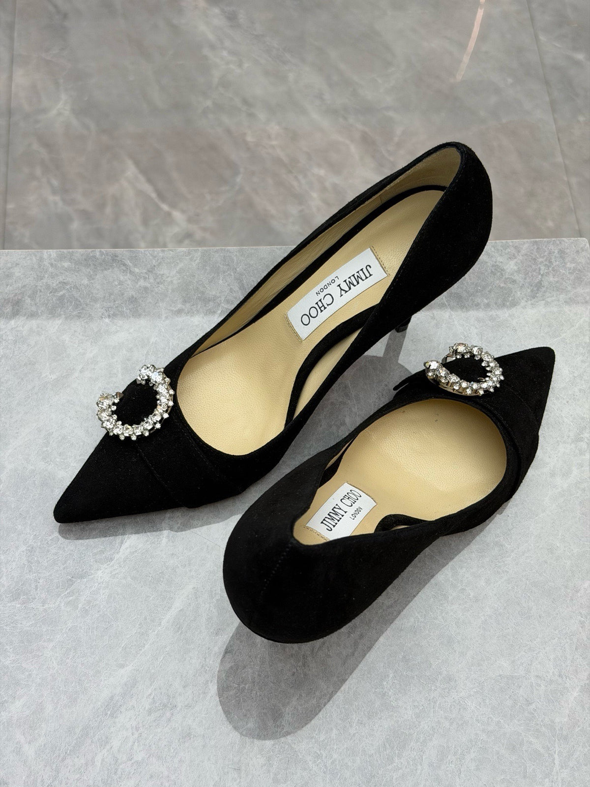 JIMMY CHOO Love Crystal Pumps – Black Suede, Pointed Toe, EU 37, Good Pre-Owned