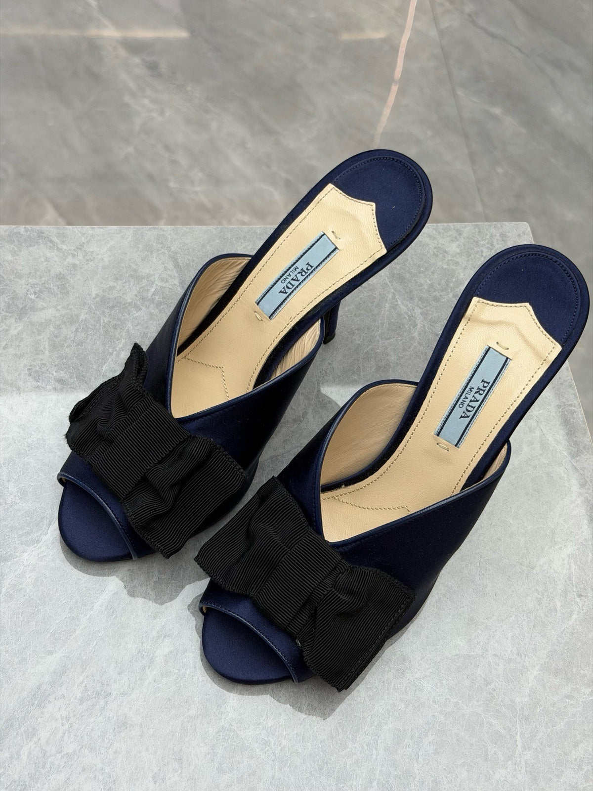 PRADA Bow Mule Pumps – Navy Satin with Black Grosgrain Bow, Open Toe, EU 37, Good Pre-Owned