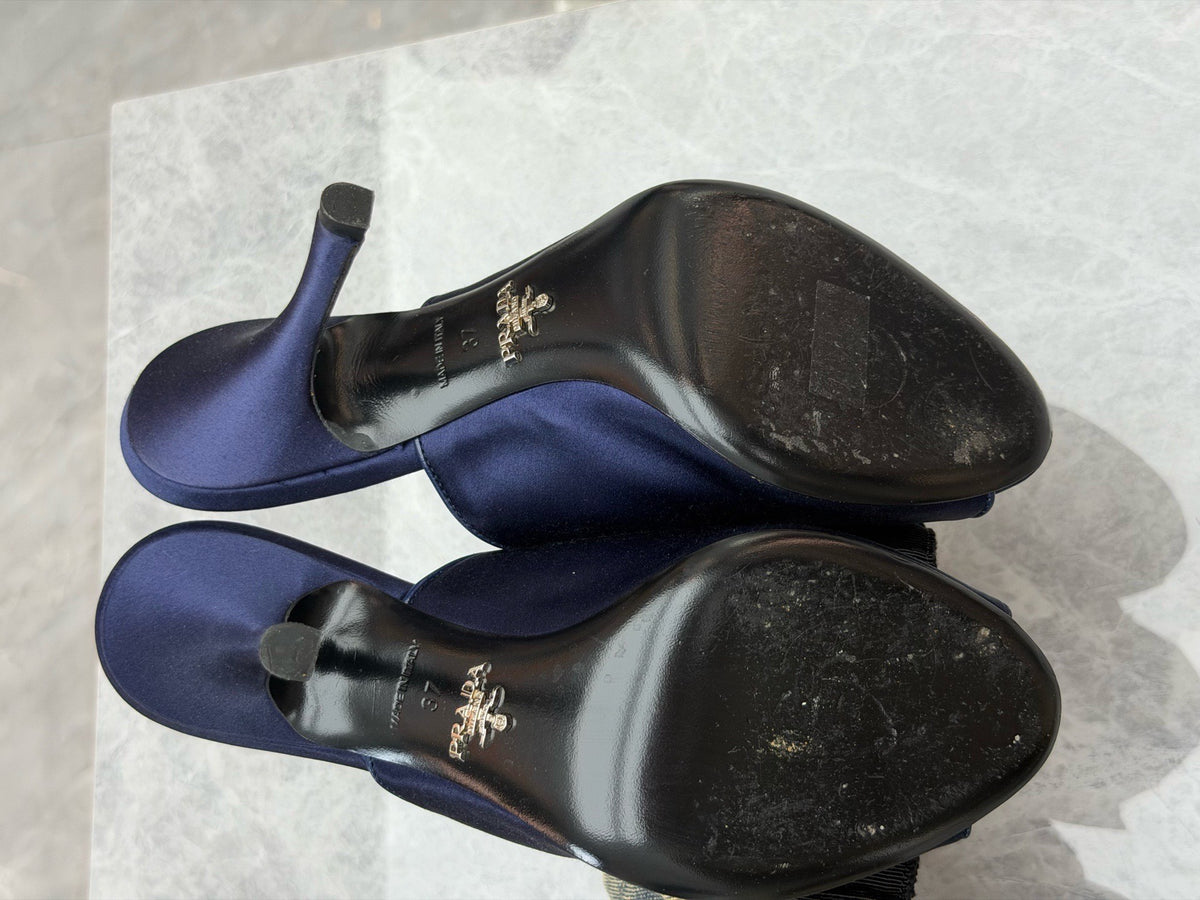 PRADA Bow Mule Pumps – Navy Satin with Black Grosgrain Bow, Open Toe, EU 37, Good Pre-Owned