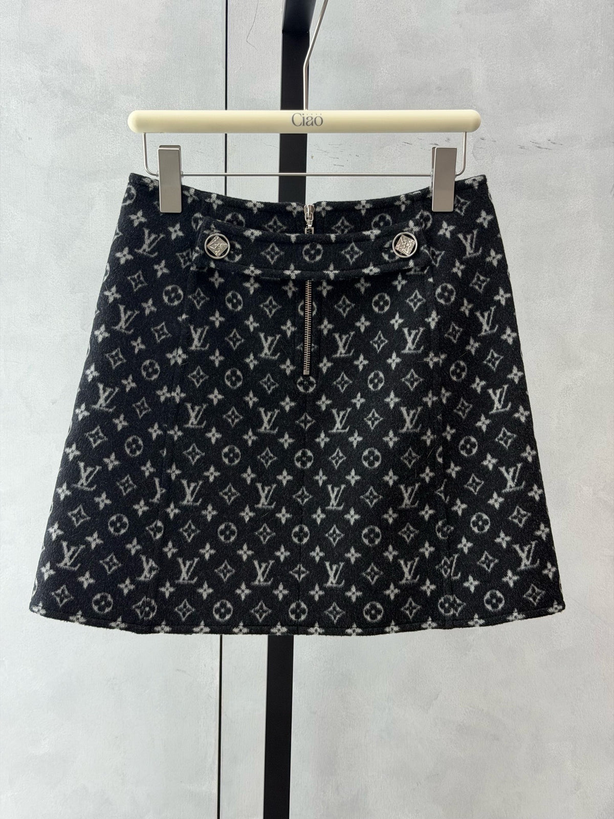 LOUIS VUITTON Monogram Wool Mini Skirt – Black Allover Monogram, Size 36, Very Good Pre-Owned