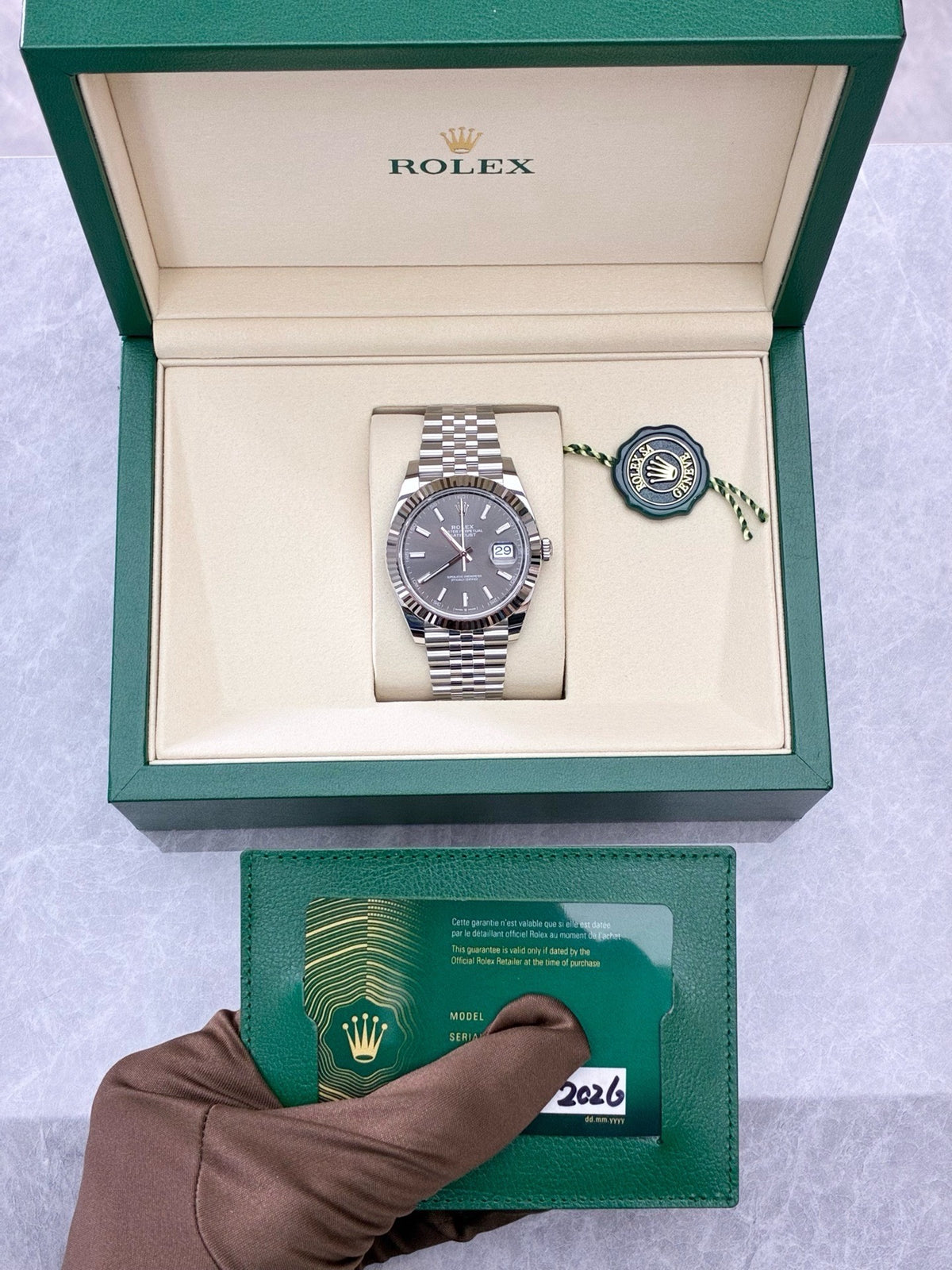 ROLEX Datejust 41 – Reference 126334-0014, Slate Grey Dial, Fluted White Gold Bezel, Jubilee Bracelet, 41 mm, Brand New