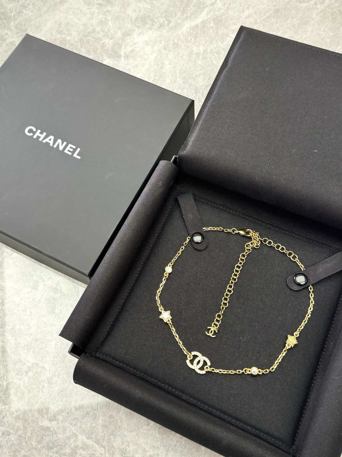 CHANEL 24C Necklace – Gold-Tone Chain with Crystal CC and Star Charms, Brand New