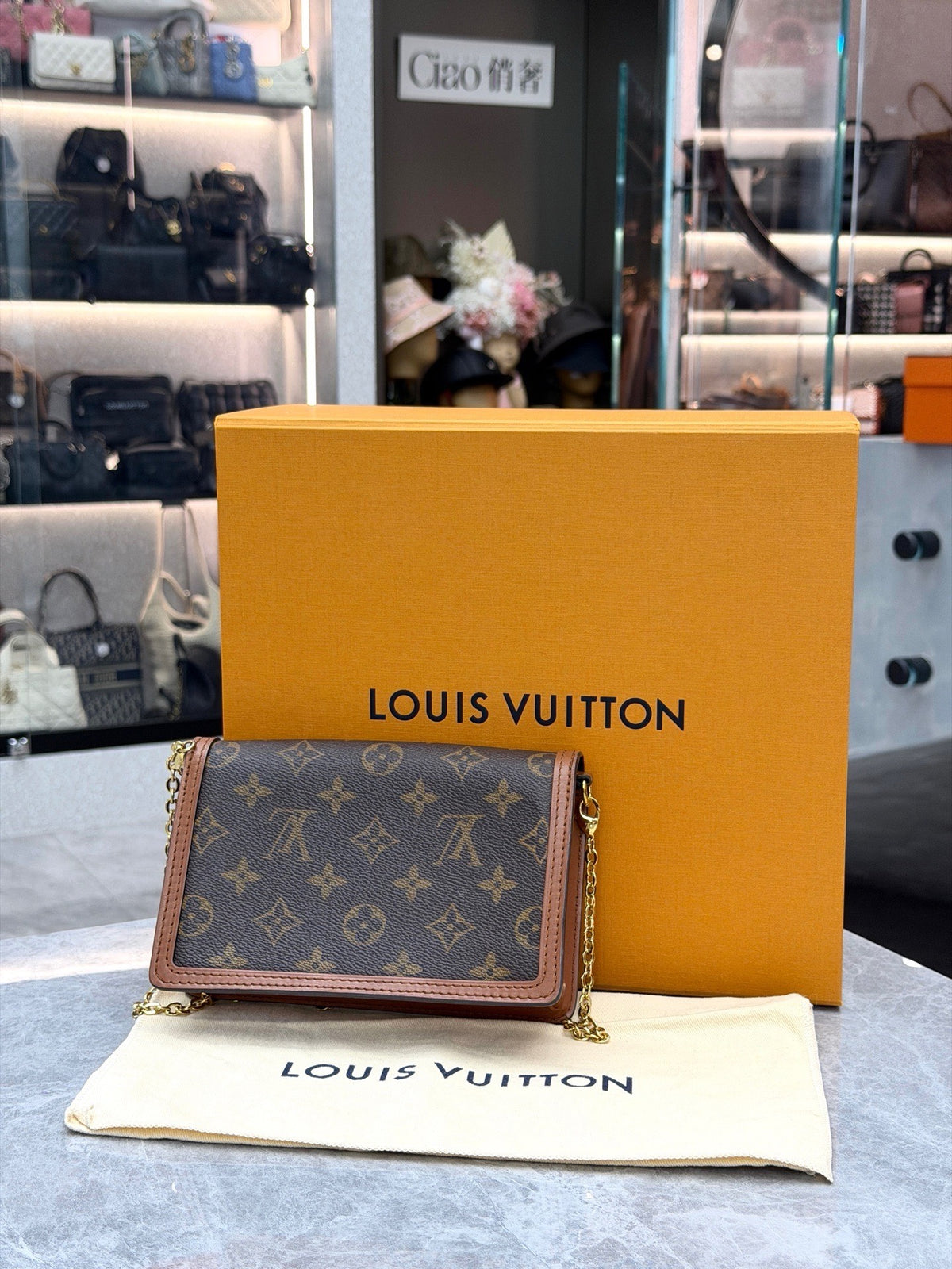 LOUIS VUITTON Dauphine – Monogram and Monogram Reverse Canvas with Gold LV Circle Clasp, Very Good Pre-Owned