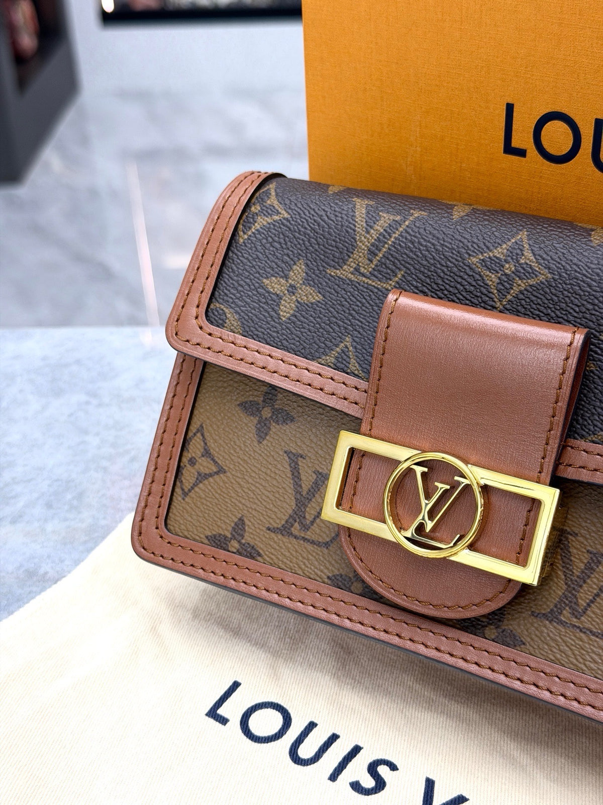 LOUIS VUITTON Dauphine – Monogram and Monogram Reverse Canvas with Gold LV Circle Clasp, Very Good Pre-Owned