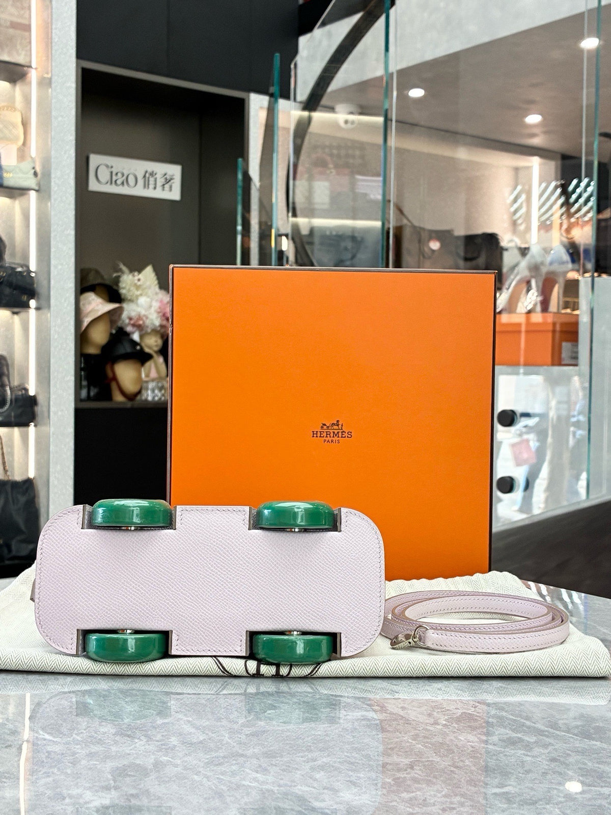 HERMÈS Bolide on Wheels – Pale Lilac Epsom with Green Wheels, Palladium Hardware, W Stamp, Excellent Pre-Owned