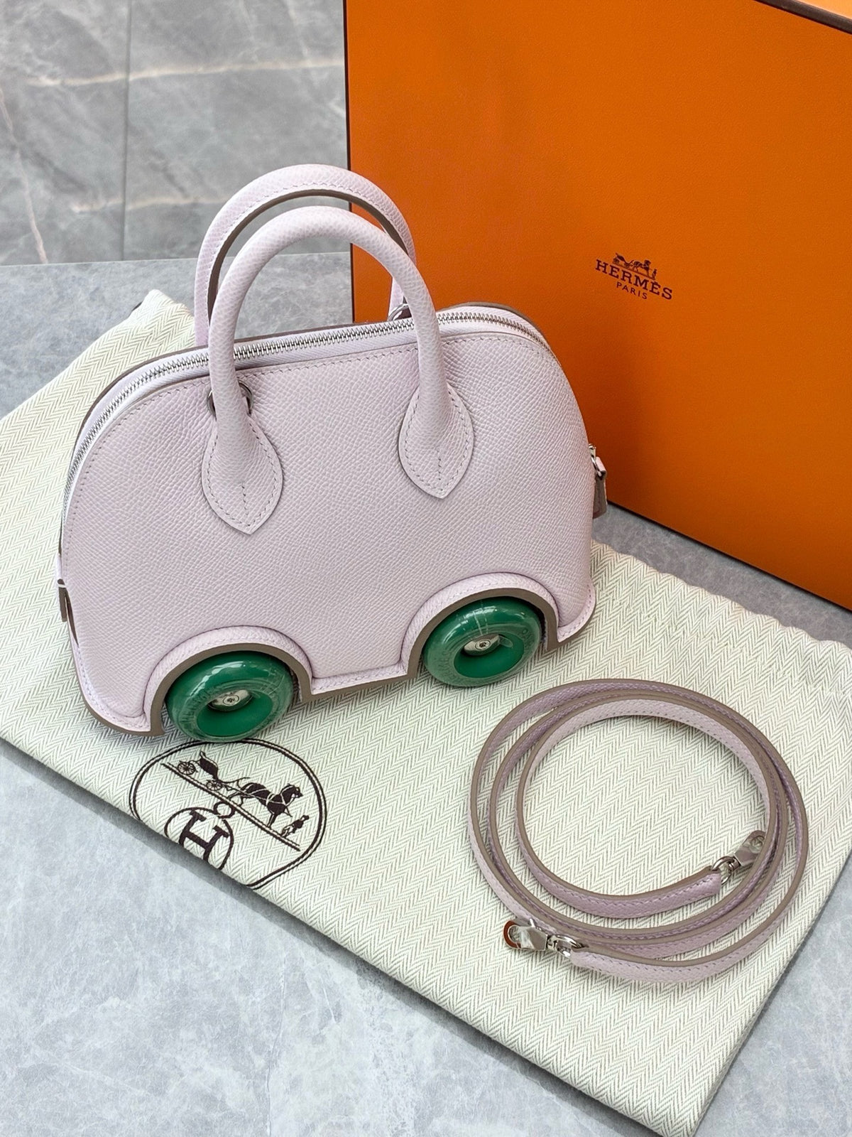 HERMÈS Bolide on Wheels – Pale Lilac Epsom with Green Wheels, Palladium Hardware, W Stamp, Excellent Pre-Owned