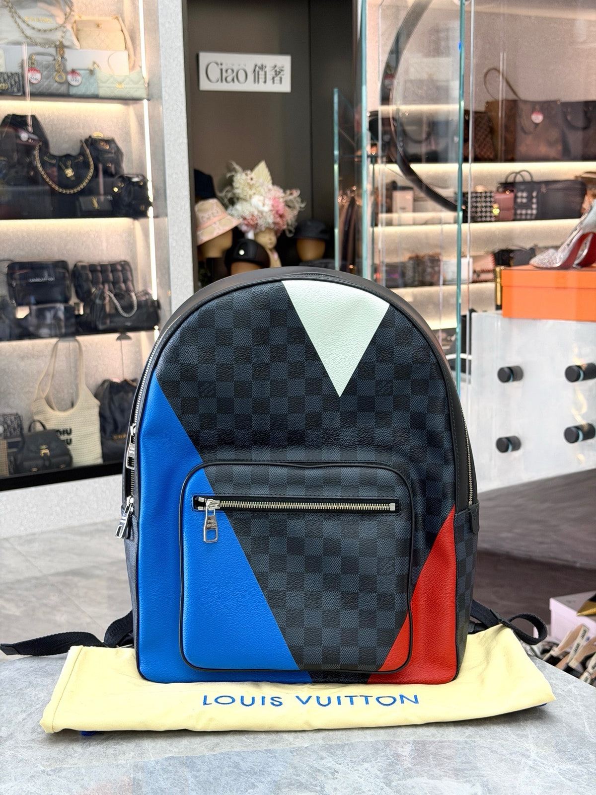 LOUIS VUITTON Josh Backpack – Damier Graphite with Blue and Red Leather Panels, Excellent Pre-Owned