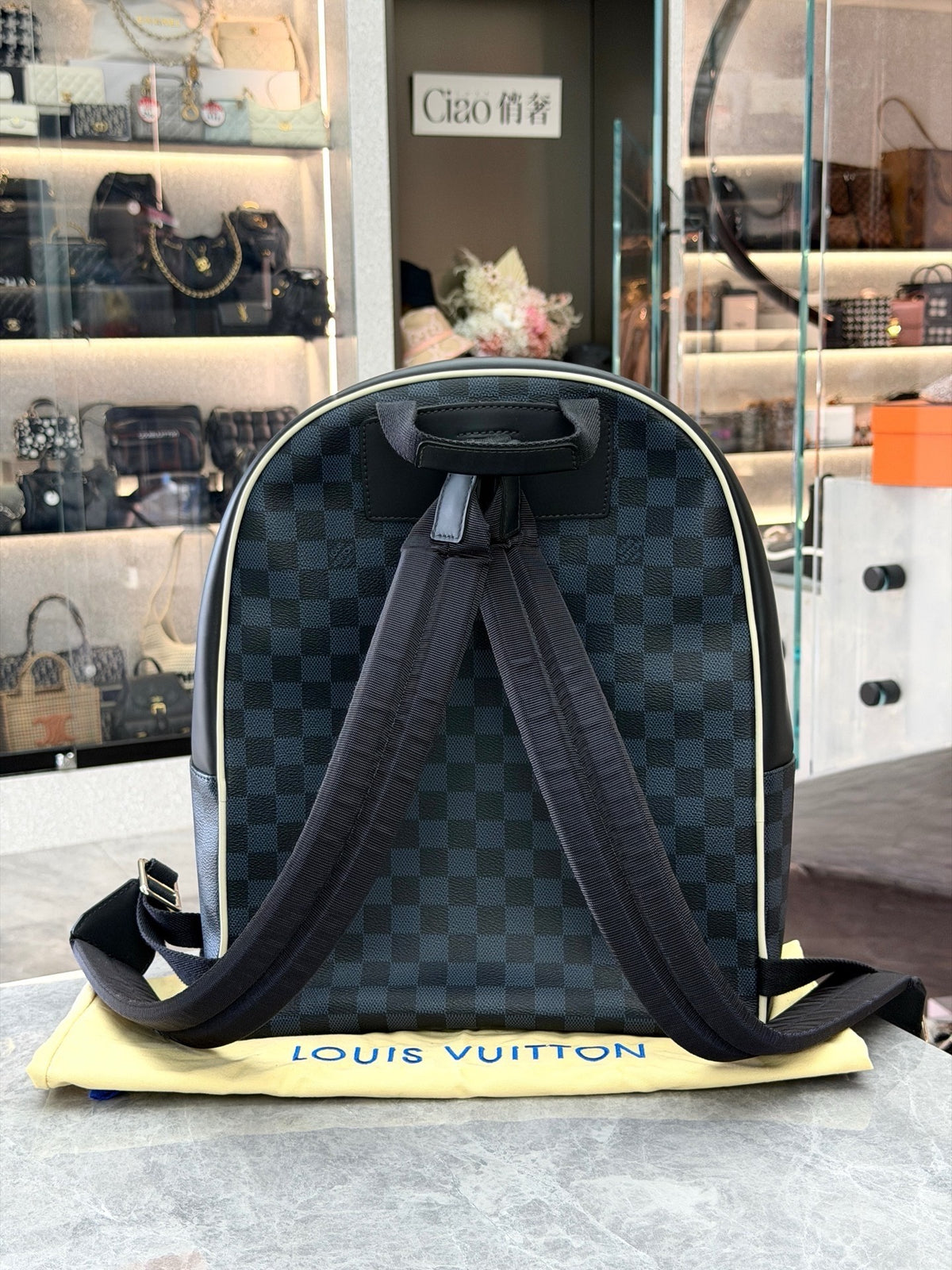 LOUIS VUITTON Josh Backpack – Damier Graphite with Blue and Red Leather Panels, Excellent Pre-Owned