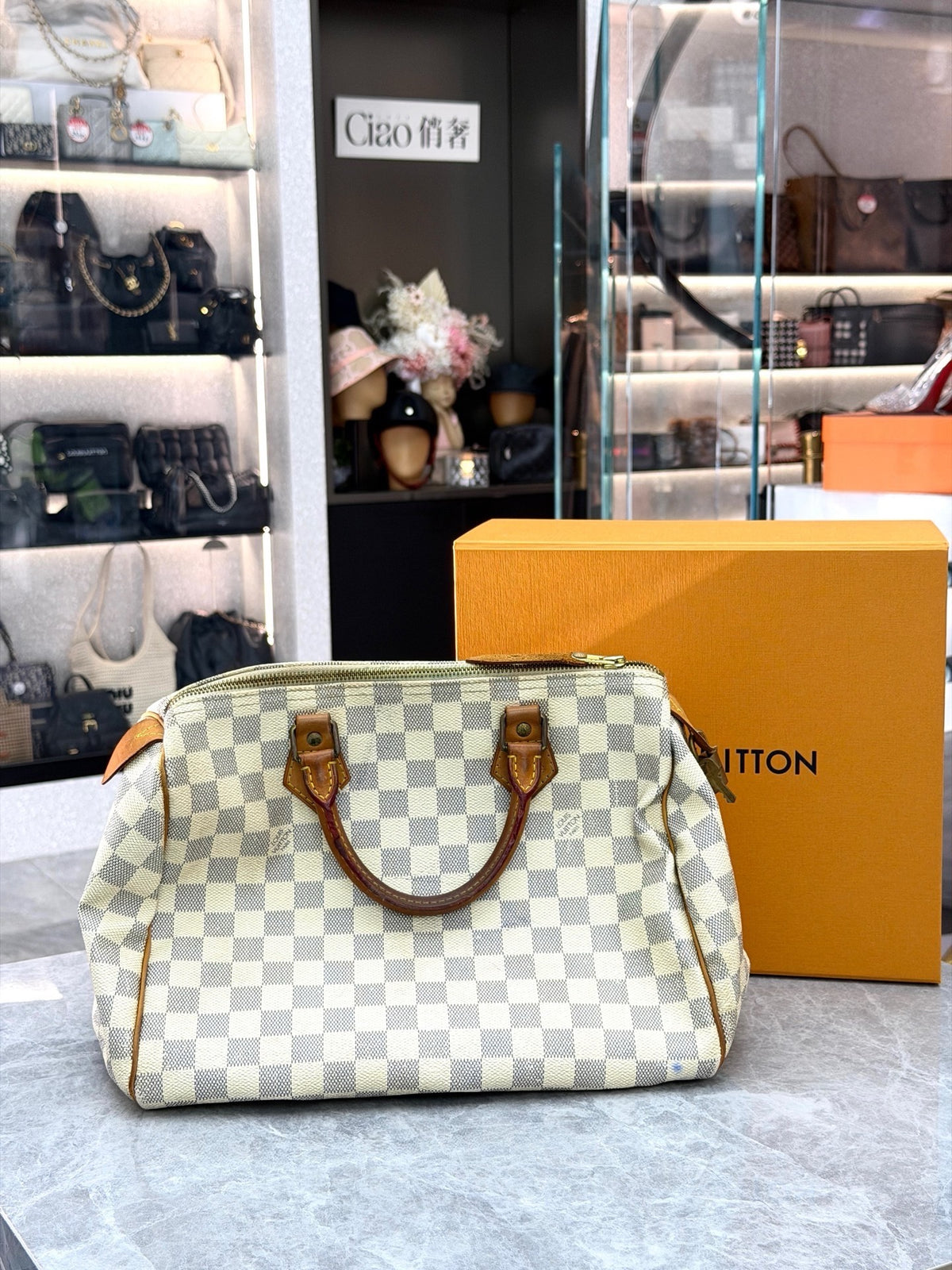 LOUIS VUITTON Speedy 30 – Damier Azur Canvas with Patinated Vachetta Leather, Good Pre-Owned