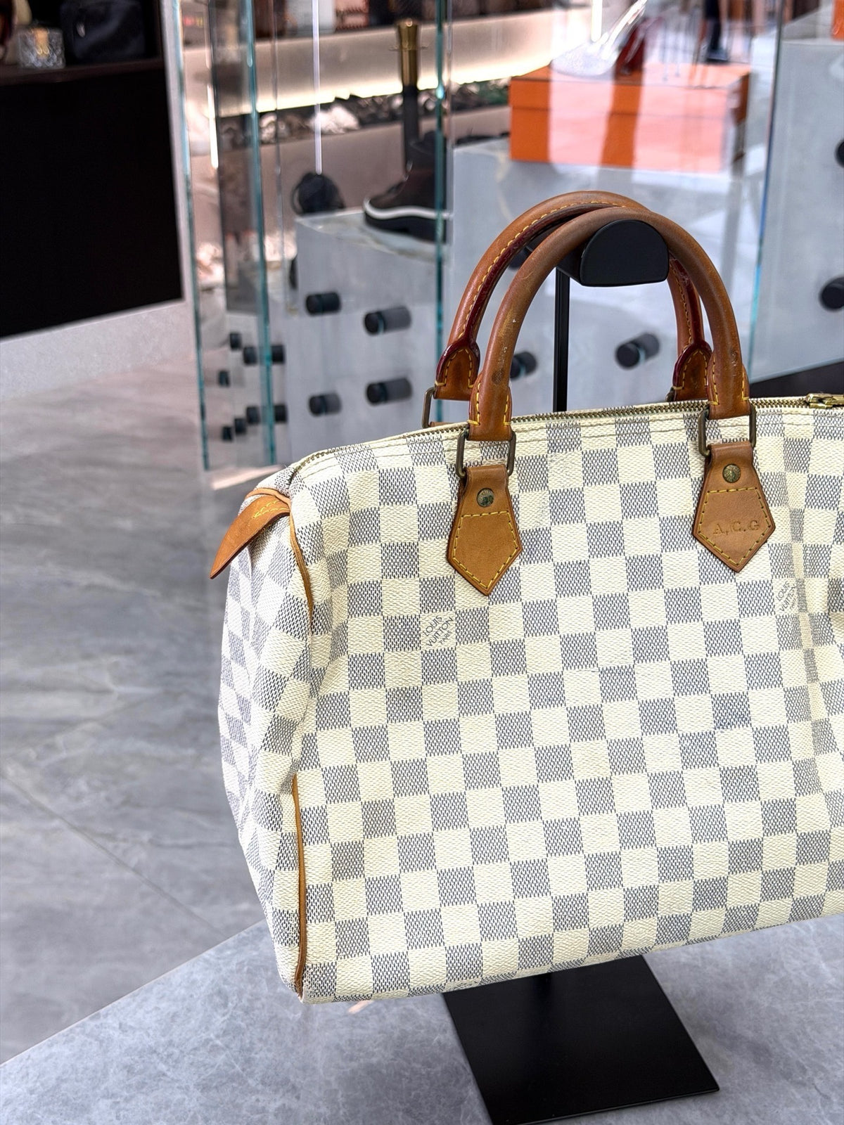 LOUIS VUITTON Speedy 30 – Damier Azur Canvas with Patinated Vachetta Leather, Good Pre-Owned