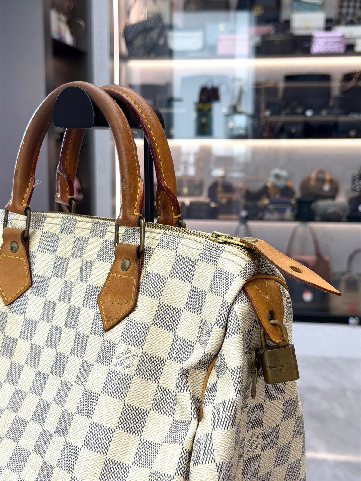 LOUIS VUITTON Speedy 30 – Damier Azur Canvas with Patinated Vachetta Leather, Good Pre-Owned